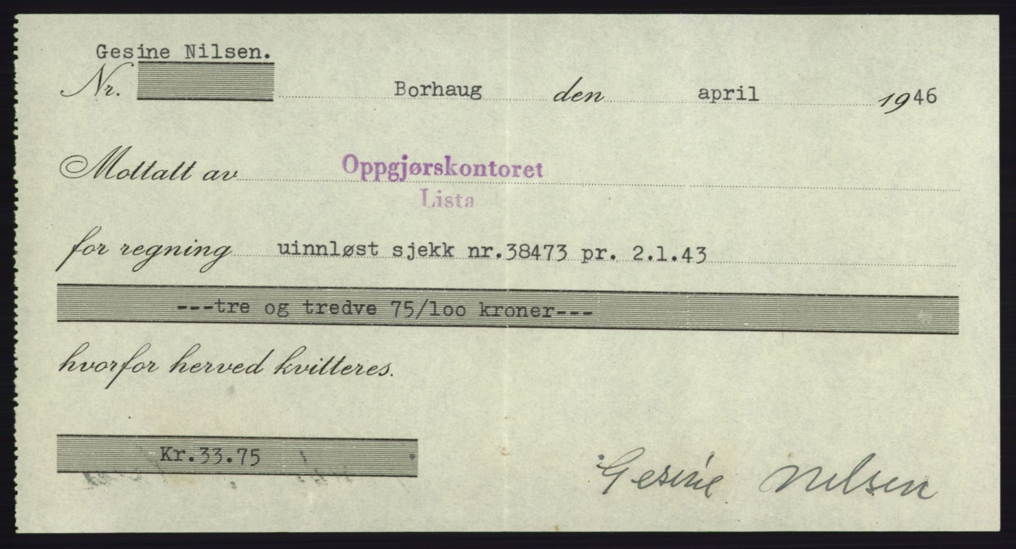 Forsvarsdepartementet, 10. kontor / Oppgjørskontoret, AV/RA-RAFA-1225/D/Db/L0180: Lista oppgjørskontor, 1942-1952, p. 2083