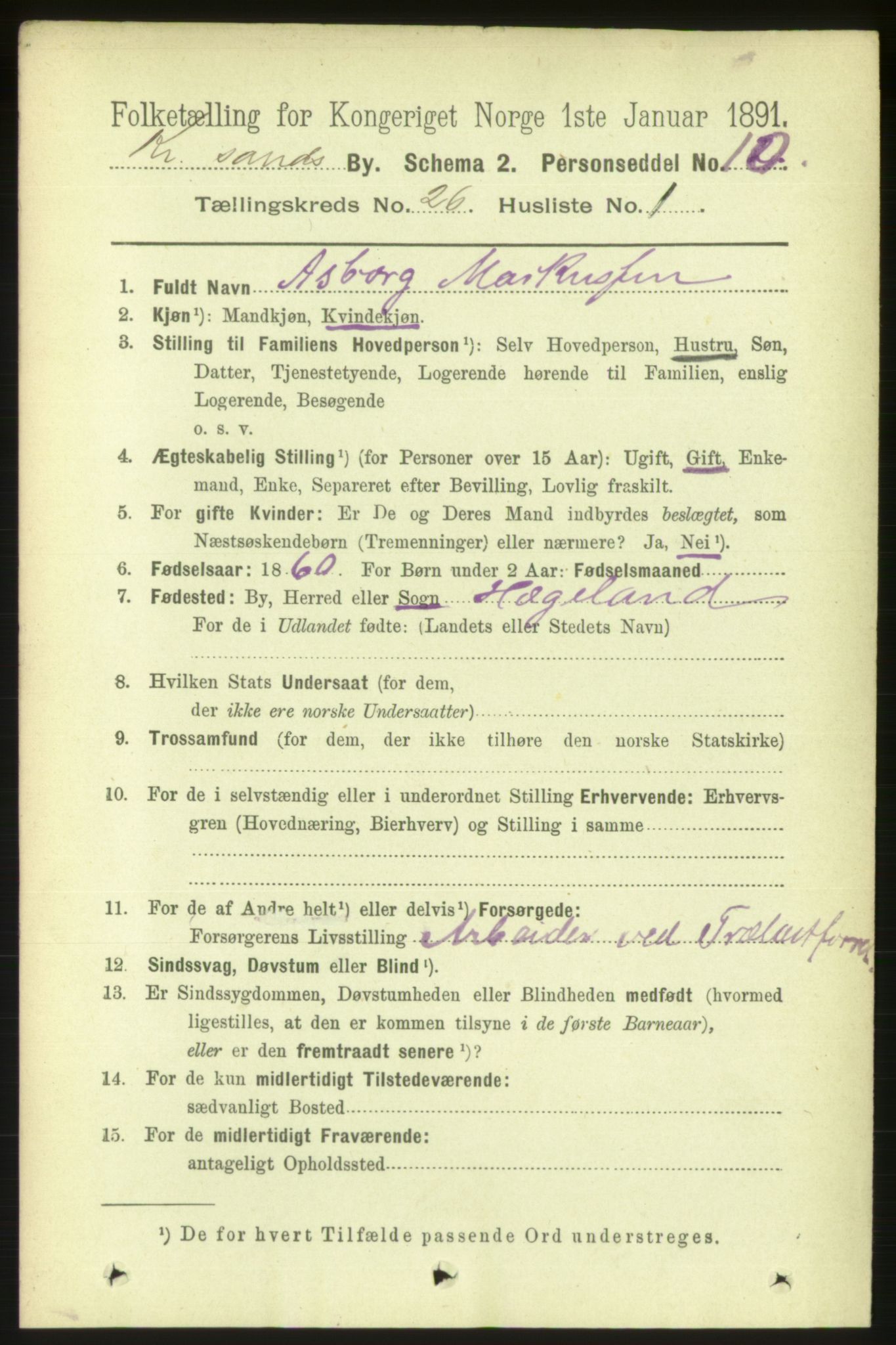 RA, 1891 census for 1001 Kristiansand, 1891, p. 8888