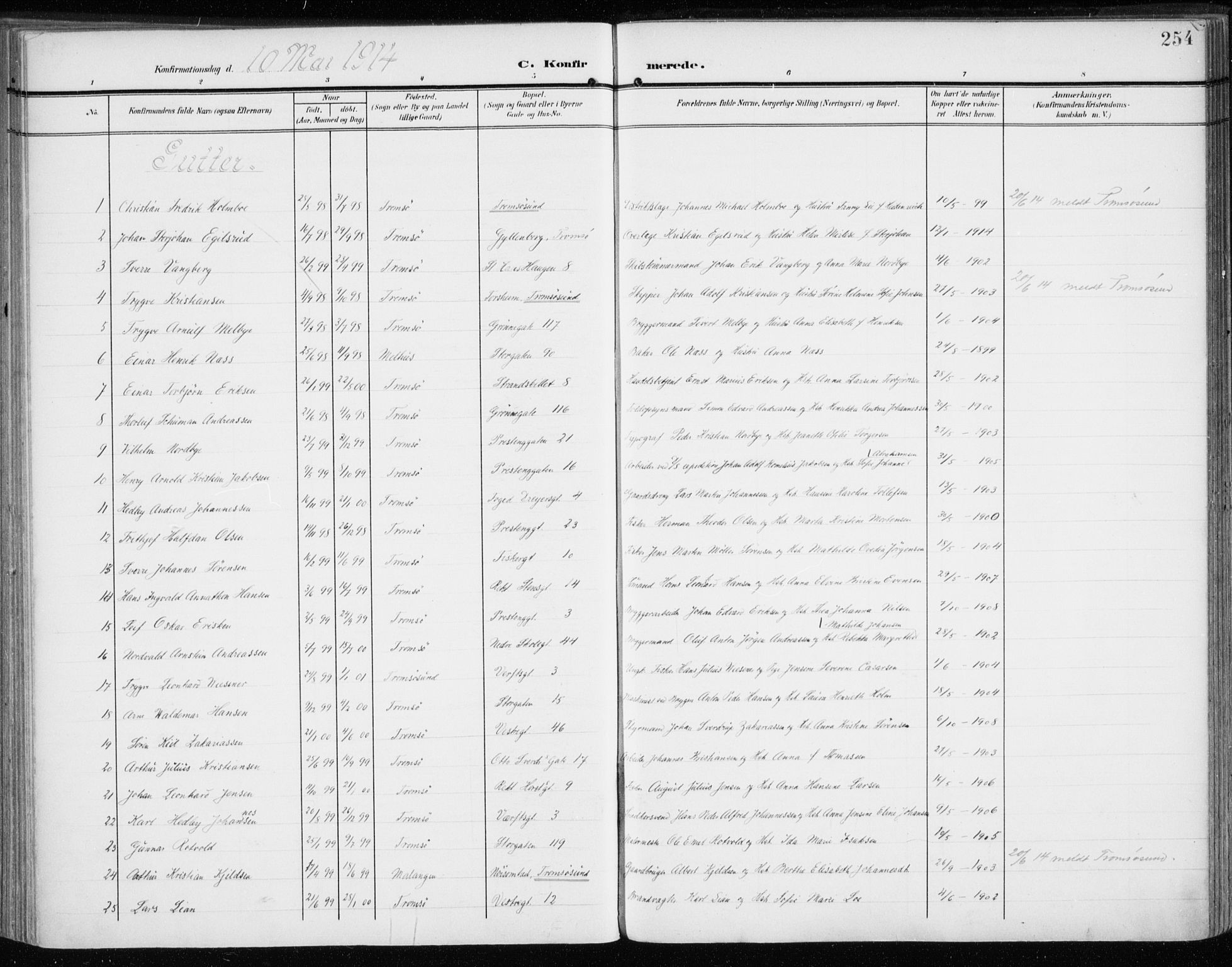 Tromsø sokneprestkontor/stiftsprosti/domprosti, AV/SATØ-S-1343/G/Ga/L0017kirke: Parish register (official) no. 17, 1907-1917, p. 254