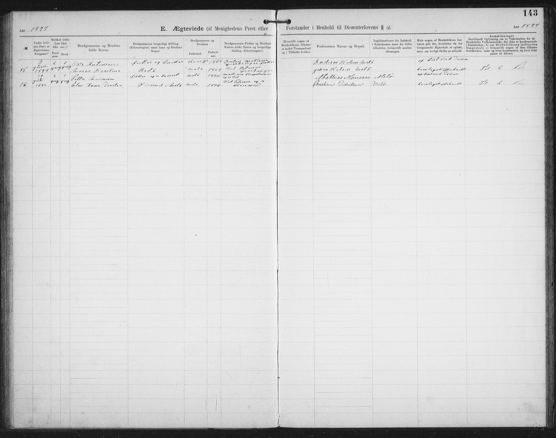Ministerialprotokoller, klokkerbøker og fødselsregistre - Nordland, SAT/A-1459/881/L1174: Dissenter register no. 881D01, 1891-1933, p. 143