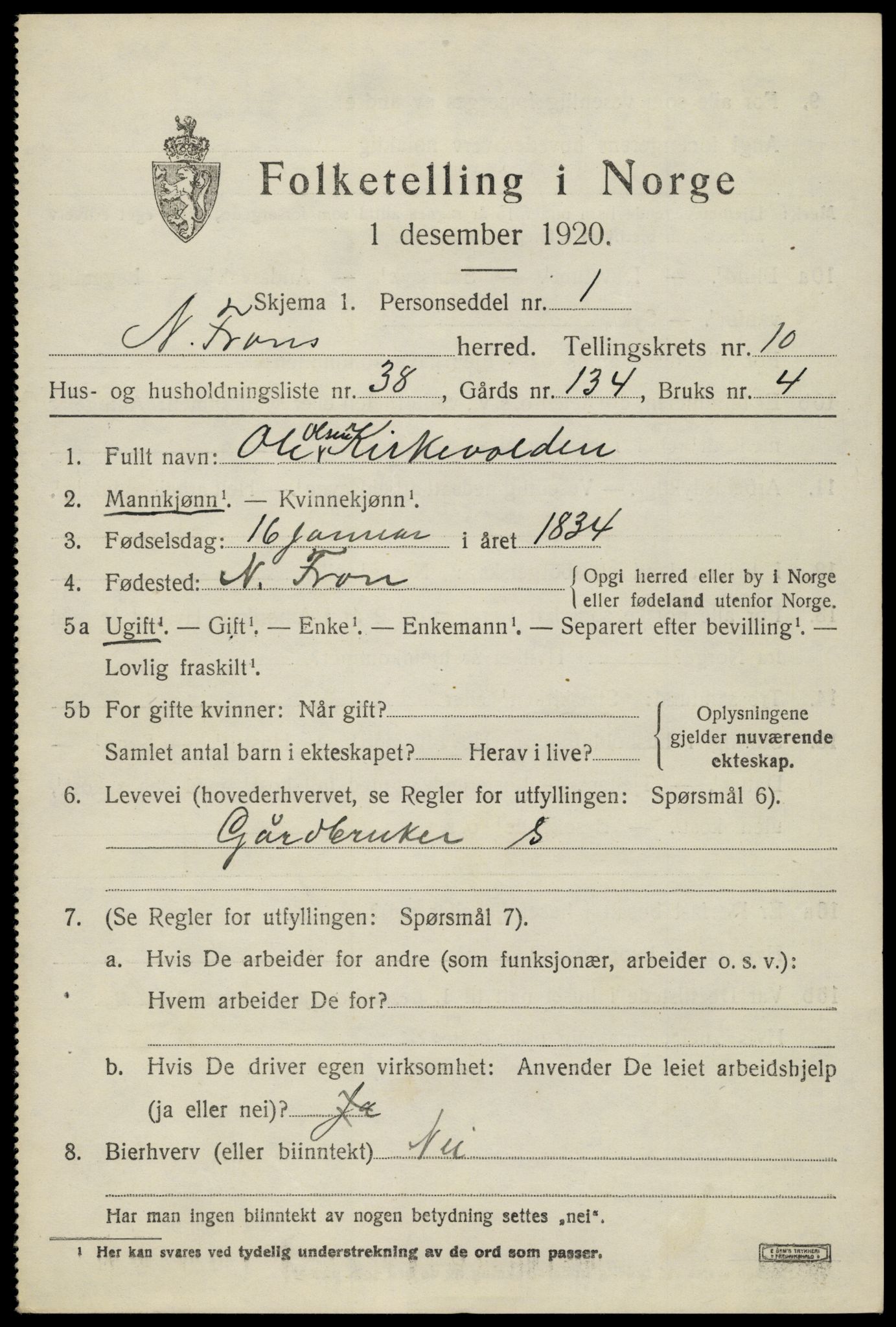 SAH, 1920 census for Nord-Fron, 1920, p. 8420