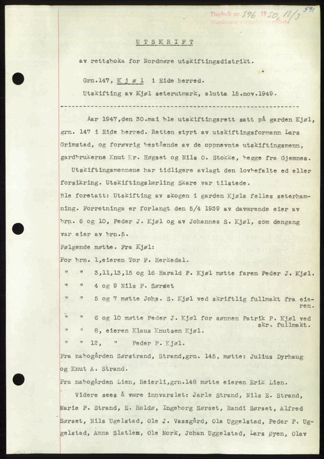 Nordmøre sorenskriveri, AV/SAT-A-4132/1/2/2Ca: Mortgage book no. A114, 1950-1950, Diary no: : 896/1950