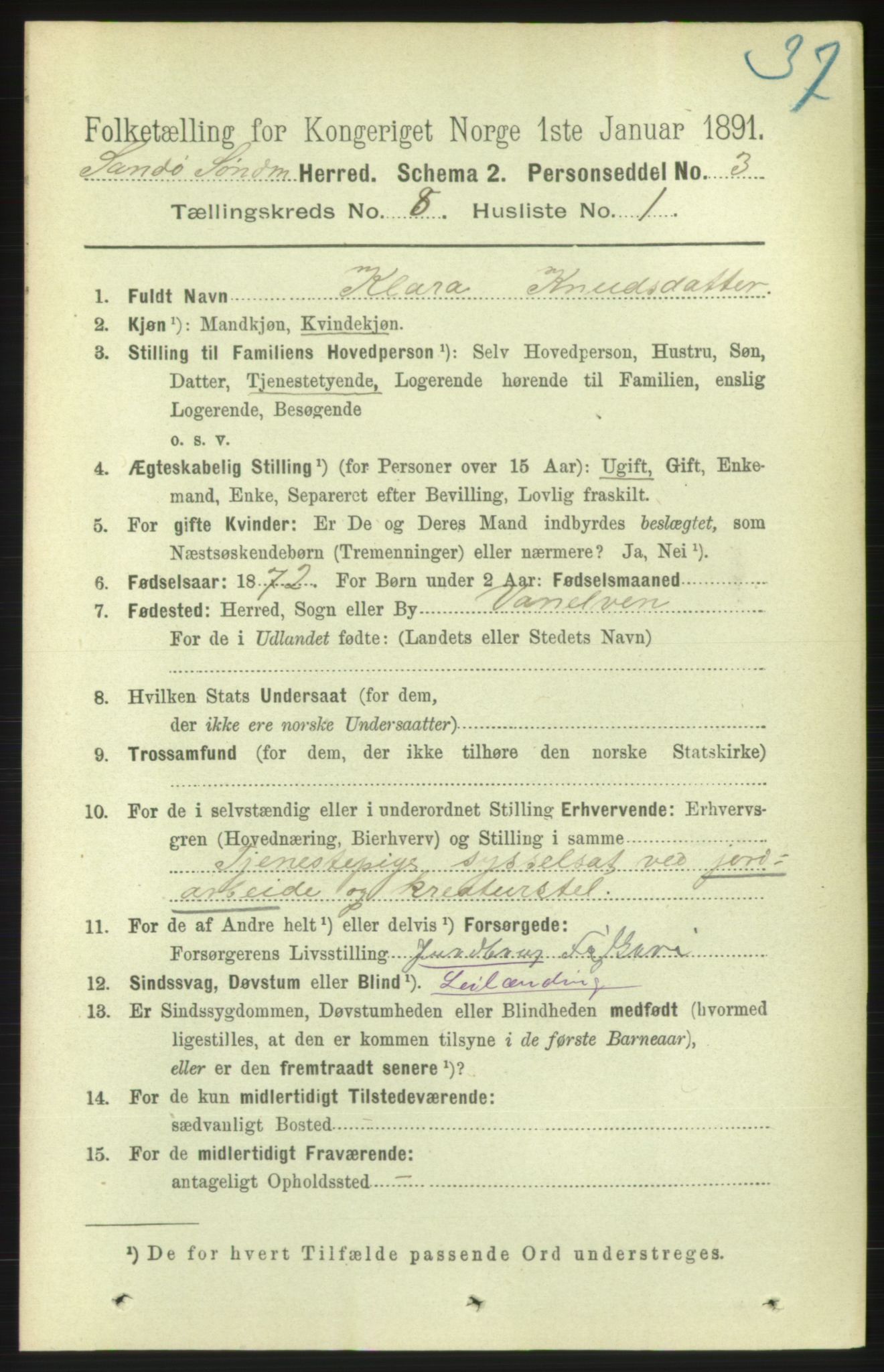 RA, 1891 census for 1514 Sande, 1891, p. 1377