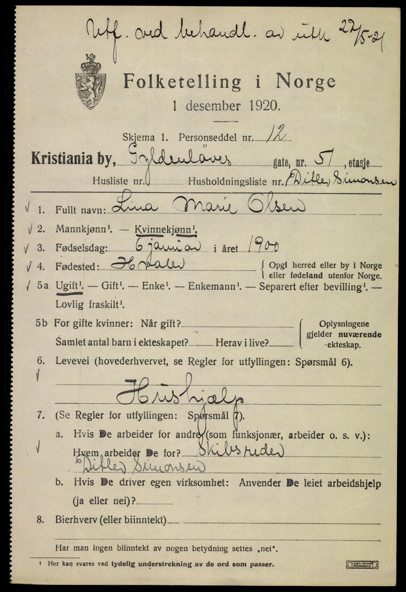 SAO, 1920 census for Kristiania, 1920, p. 262469