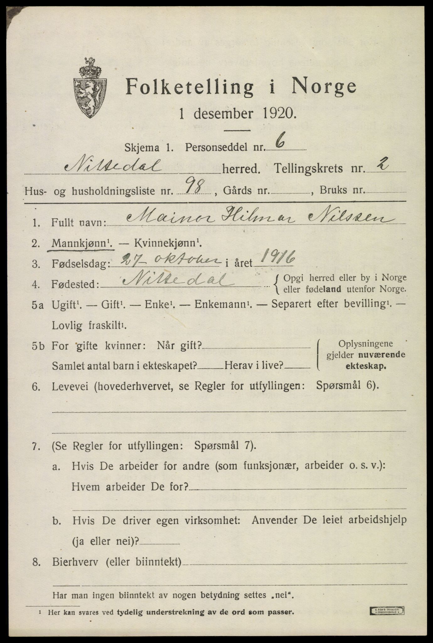 SAO, 1920 census for Nittedal, 1920, p. 2884