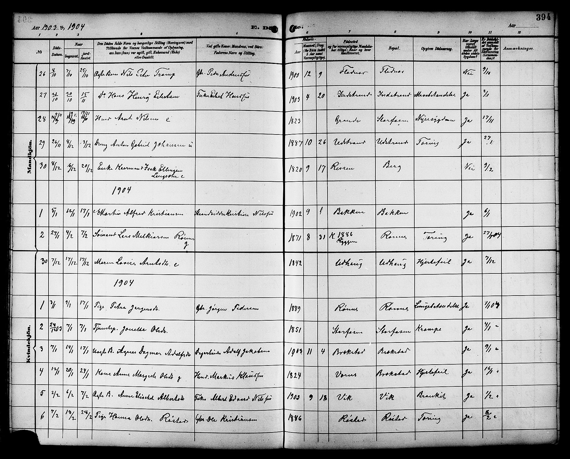 Ministerialprotokoller, klokkerbøker og fødselsregistre - Sør-Trøndelag, SAT/A-1456/659/L0746: Parish register (copy) no. 659C03, 1893-1912, p. 394