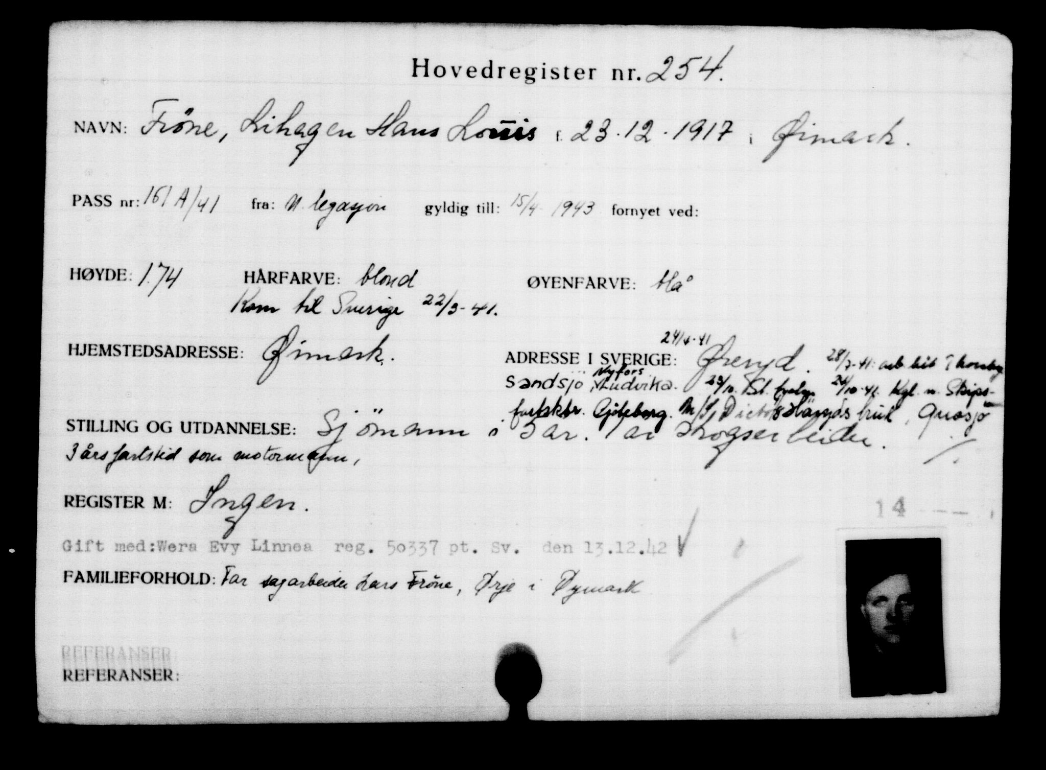 Utenriksstasjonene, Legasjonen i Stockholm, Flyktningkontoret, AV/RA-S-6753/V/Va/L0001: Kjesäterkartoteket, flyktninger med registreringsnr. 1-1000, 1940-1945, p. 407