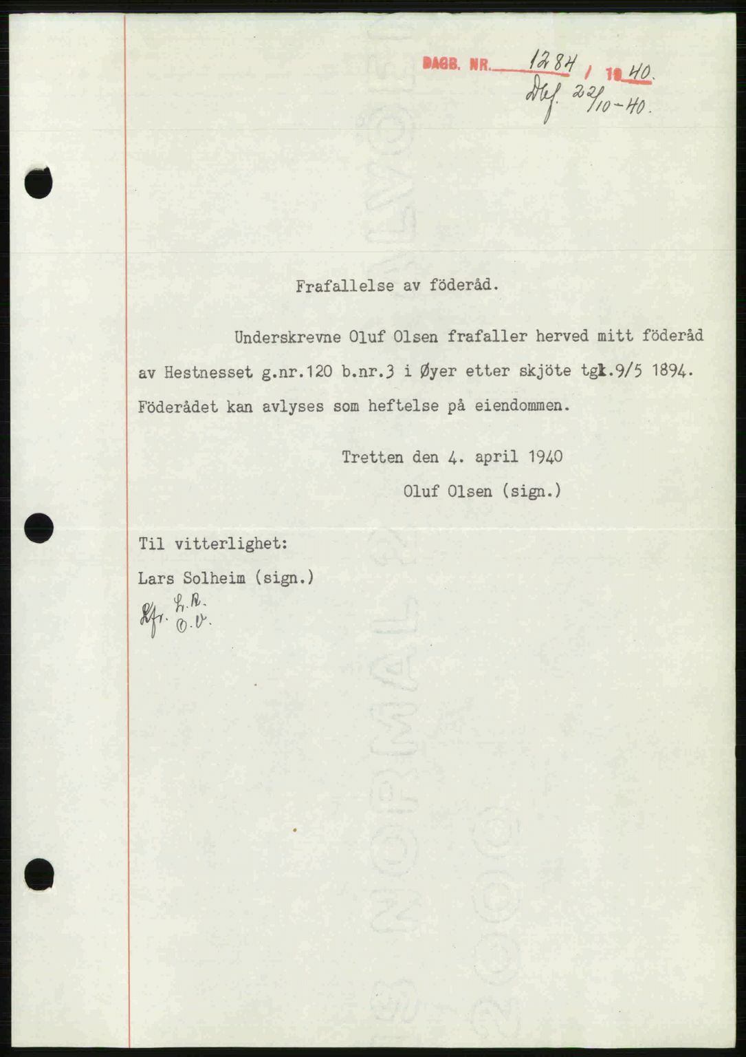 Sør-Gudbrandsdal tingrett, SAH/TING-004/H/Hb/Hbf/L0002: Mortgage book no. C1, 1938-1951, Diary no: : 1284/1940