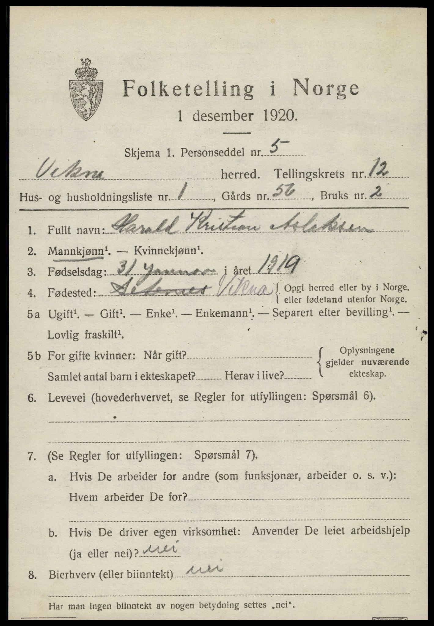 SAT, 1920 census for Vikna, 1920, p. 7723