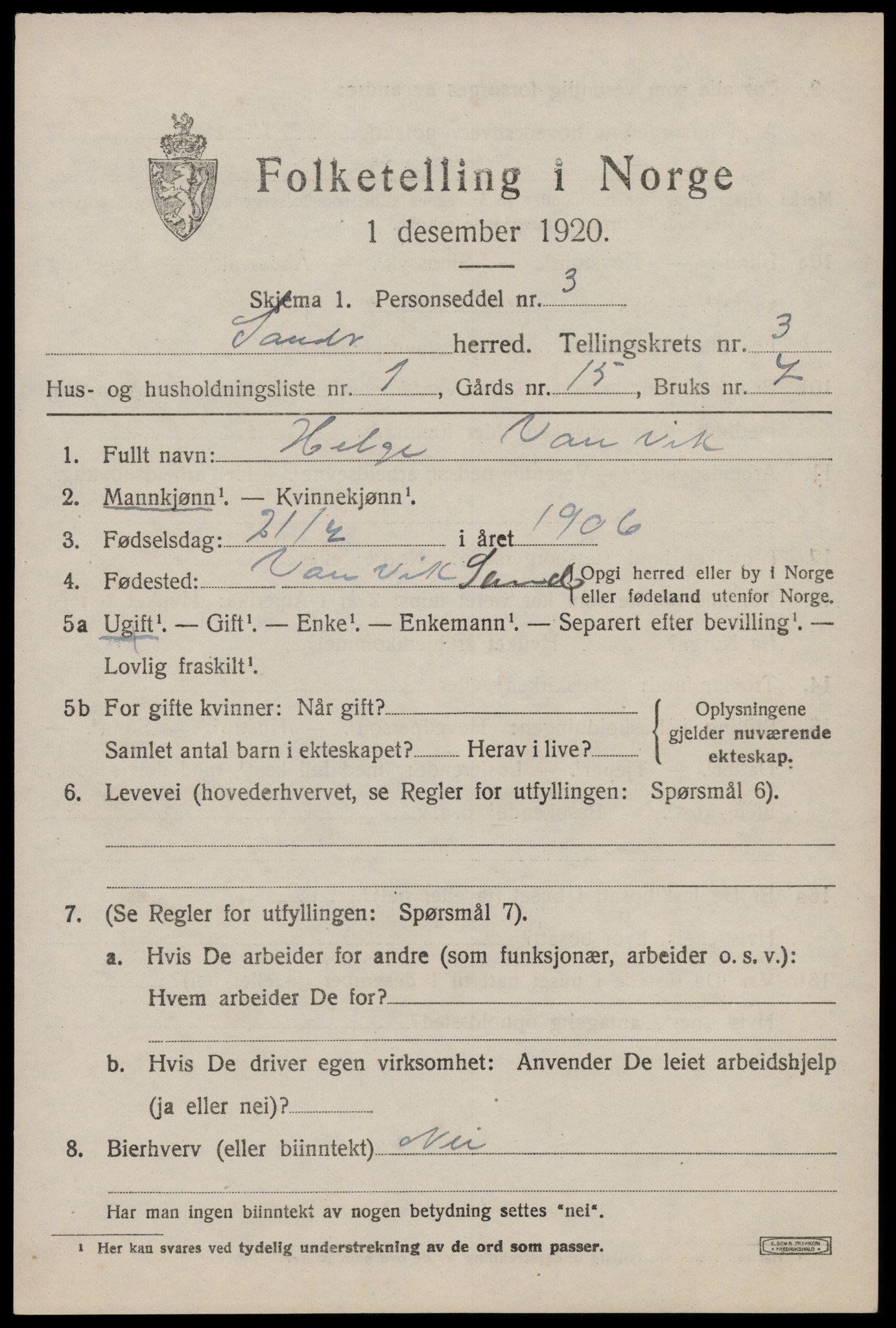 SAST, 1920 census for Sand, 1920, p. 1059