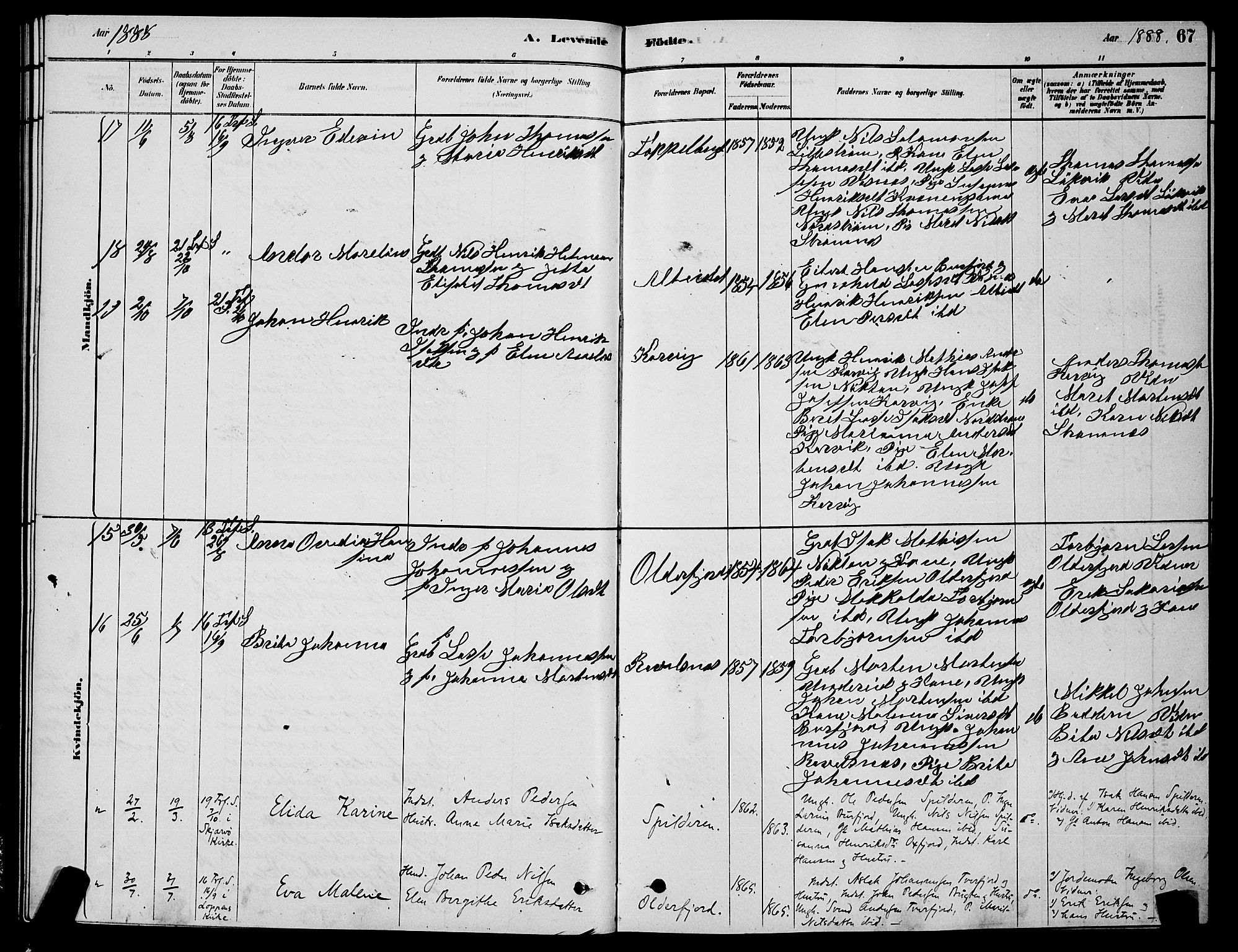 Skjervøy sokneprestkontor, AV/SATØ-S-1300/H/Ha/Hab/L0015klokker: Parish register (copy) no. 15, 1878-1890, p. 67