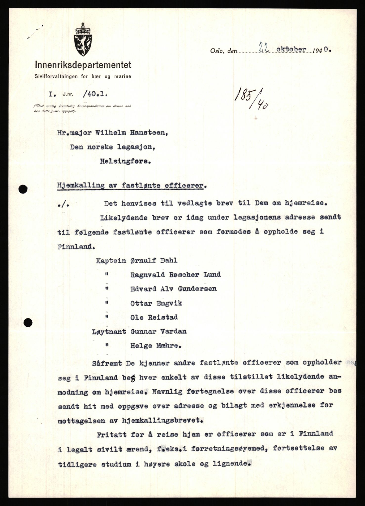 Forsvaret, Forsvarets krigshistoriske avdeling, AV/RA-RAFA-2017/Y/Ya/L0006: II-C-11-11,2 - Utenriksdepartementet.  Legasjonen i Helsingfors., 1940-1946, p. 16