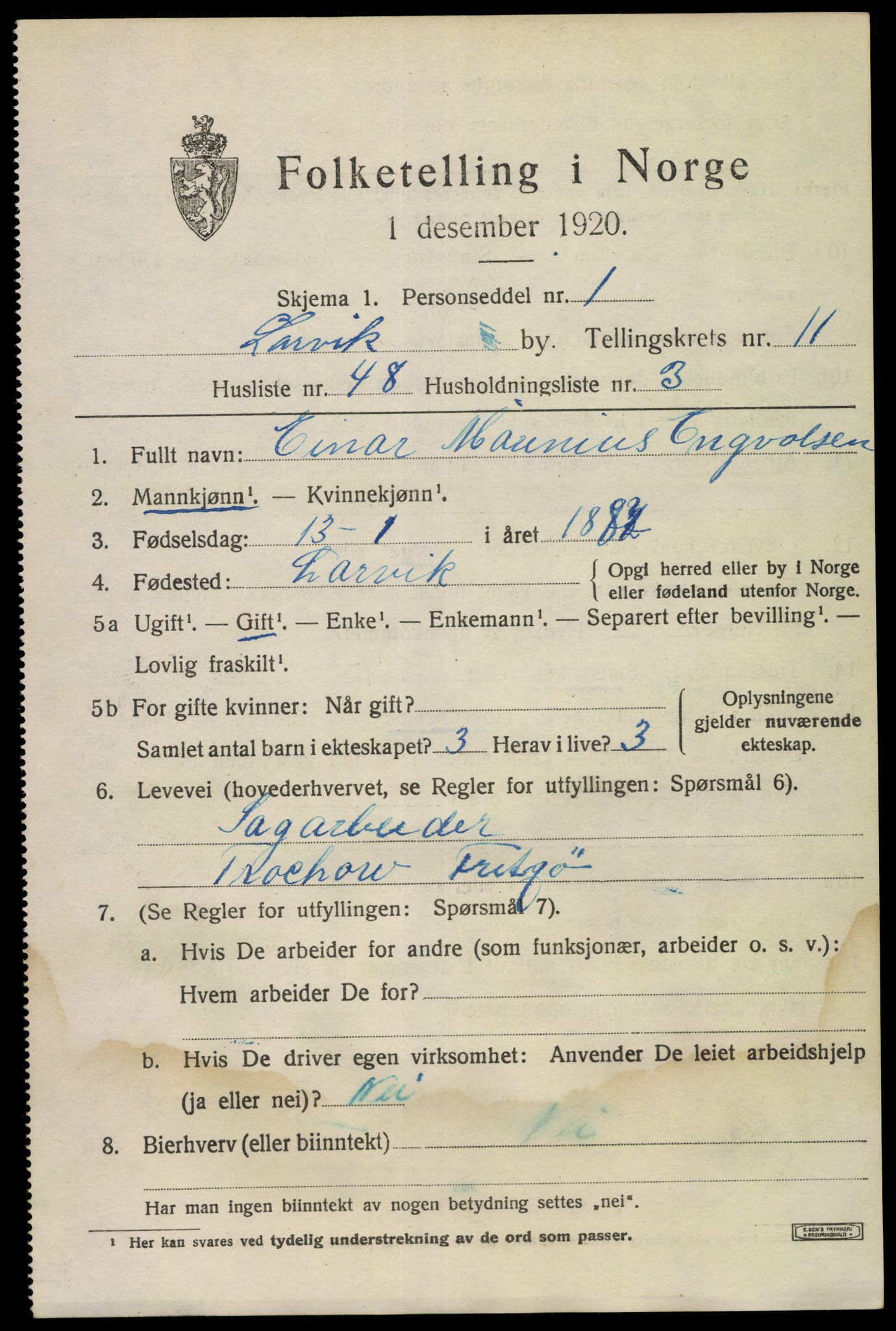 SAKO, 1920 census for Larvik, 1920, p. 29286