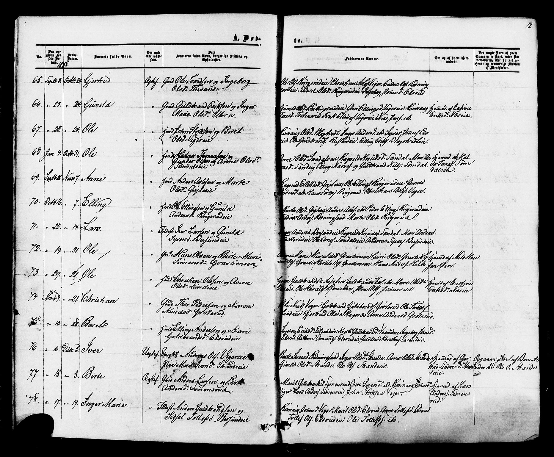 Ådal kirkebøker, SAKO/A-248/F/Fa/L0001: Parish register (official) no. I 1, 1857-1883, p. 12