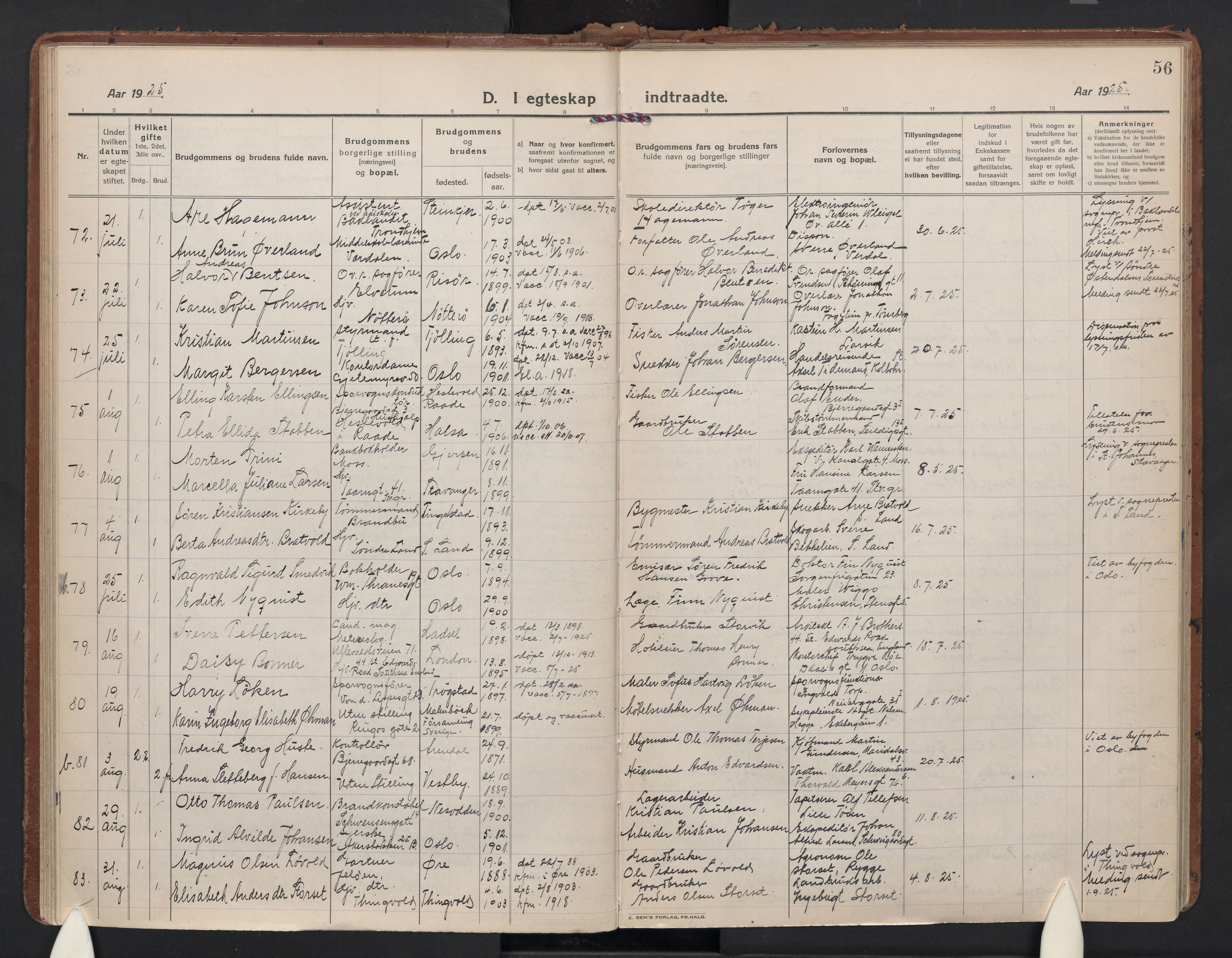 Gamle Aker prestekontor Kirkebøker, AV/SAO-A-10617a/F/L0017: Parish register (official) no. 17, 1921-1931, p. 56