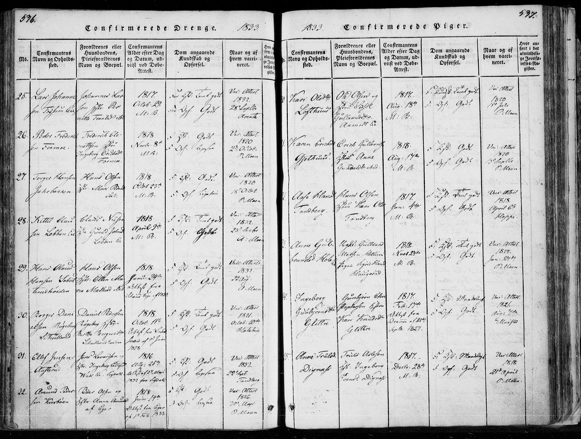 Modum kirkebøker, AV/SAKO-A-234/F/Fa/L0006: Parish register (official) no. 6, 1832-1841, p. 536-537