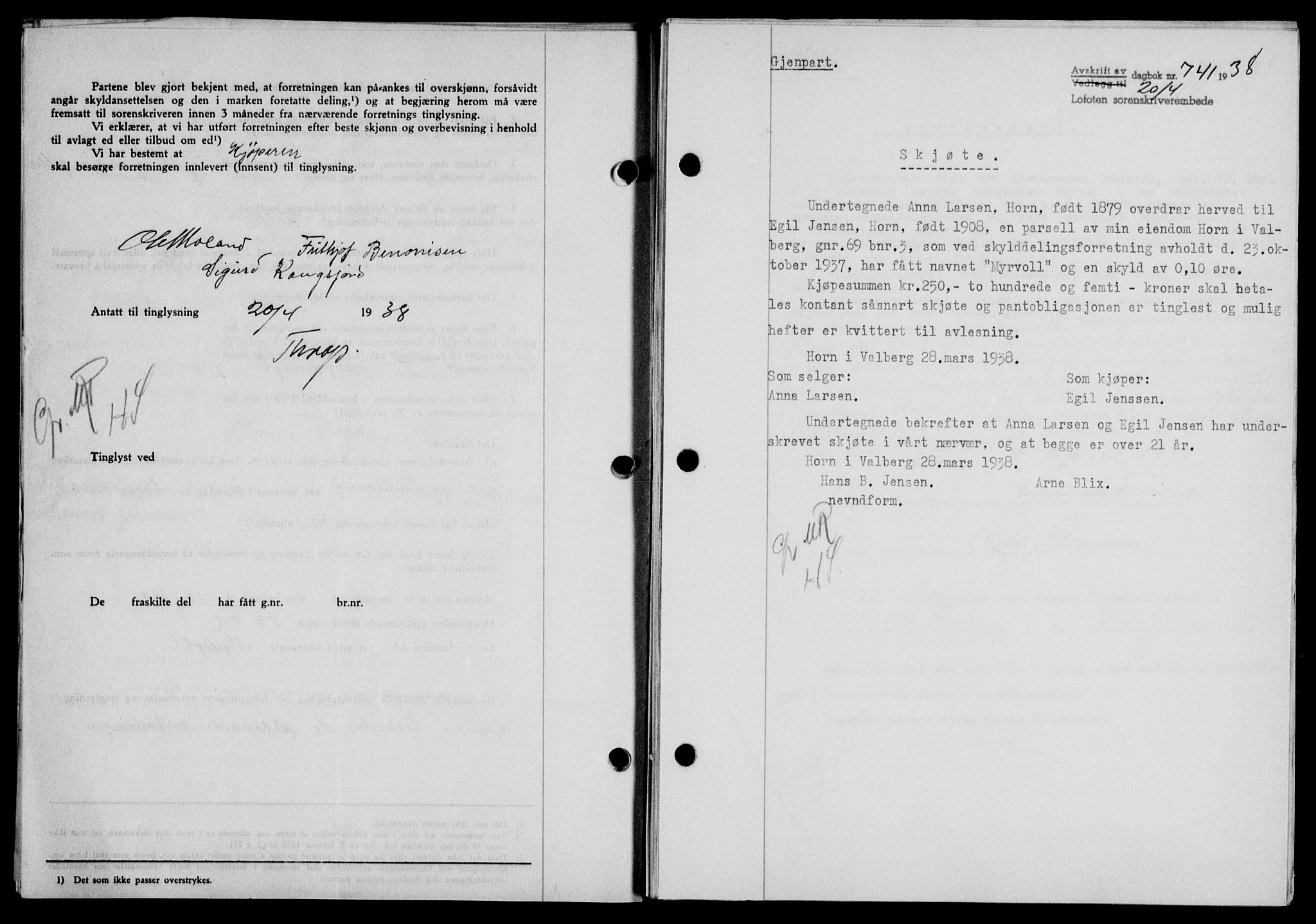 Lofoten sorenskriveri, SAT/A-0017/1/2/2C/L0004a: Mortgage book no. 4a, 1938-1938, Diary no: : 741/1938