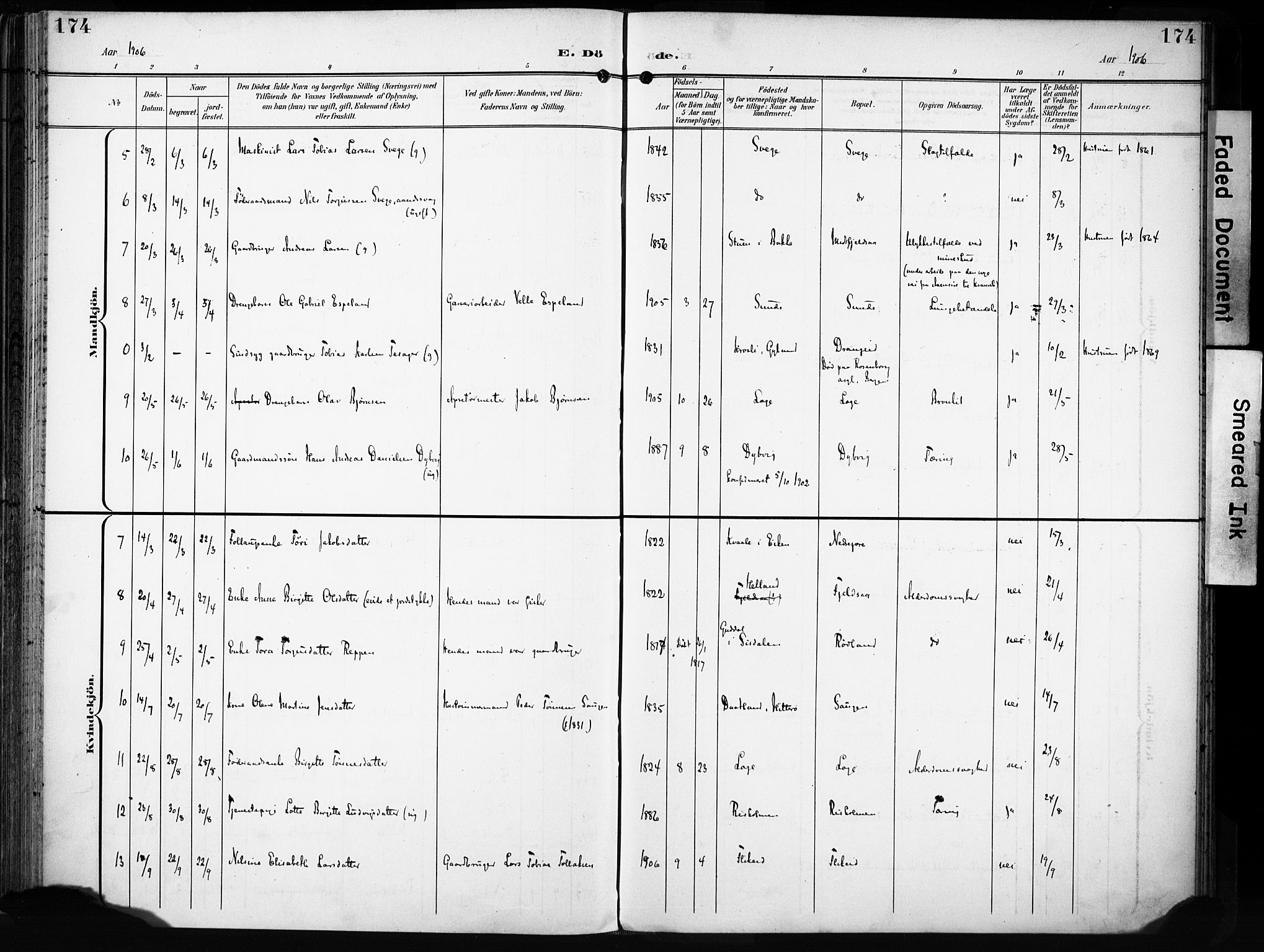 Flekkefjord sokneprestkontor, AV/SAK-1111-0012/F/Fa/Fac/L0009: Parish register (official) no. A 9, 1899-1909, p. 174