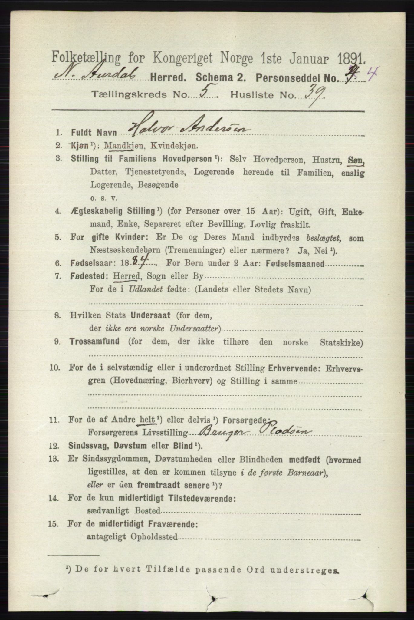 RA, 1891 census for 0542 Nord-Aurdal, 1891, p. 1594