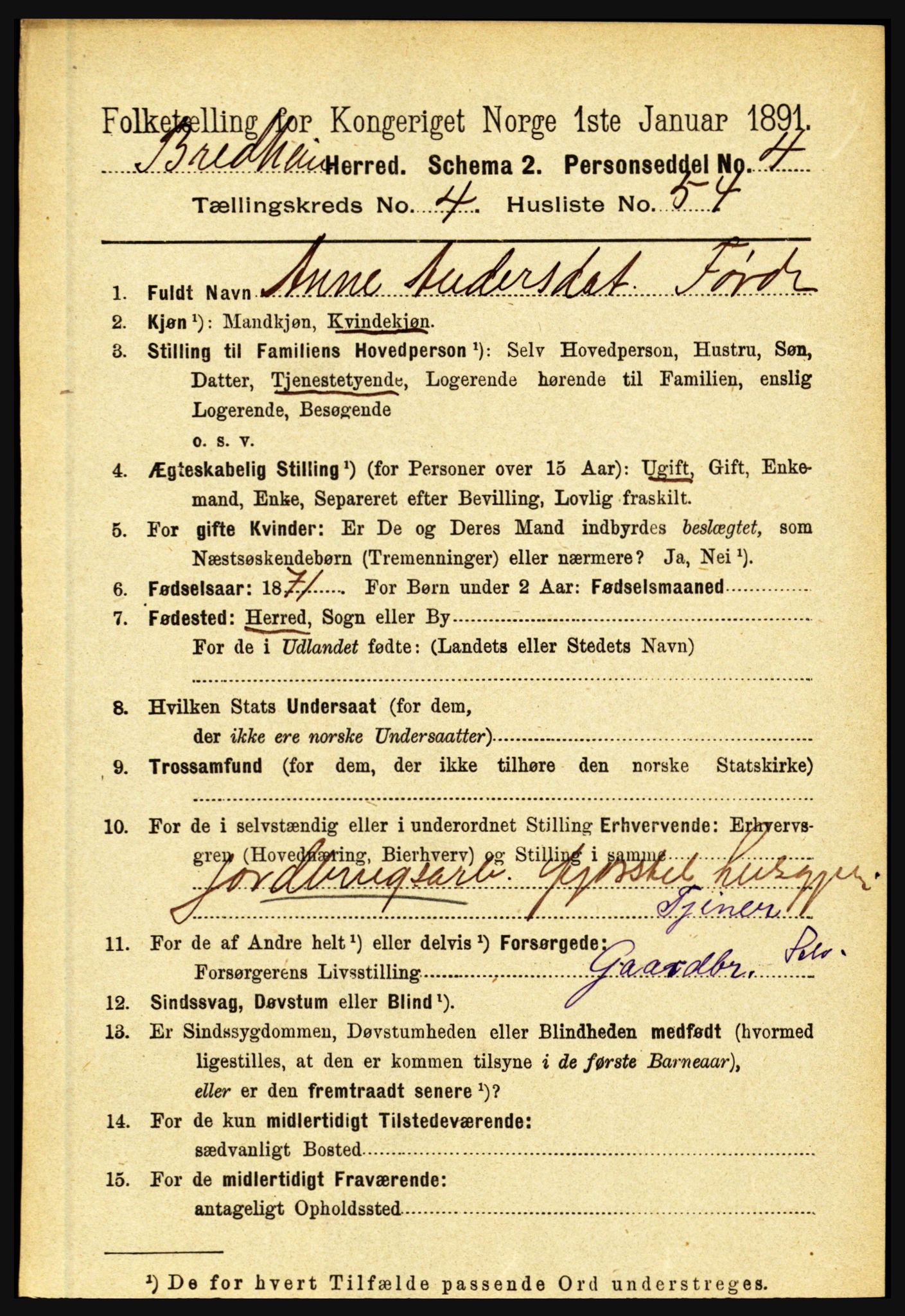 RA, 1891 census for 1446 Breim, 1891, p. 1684