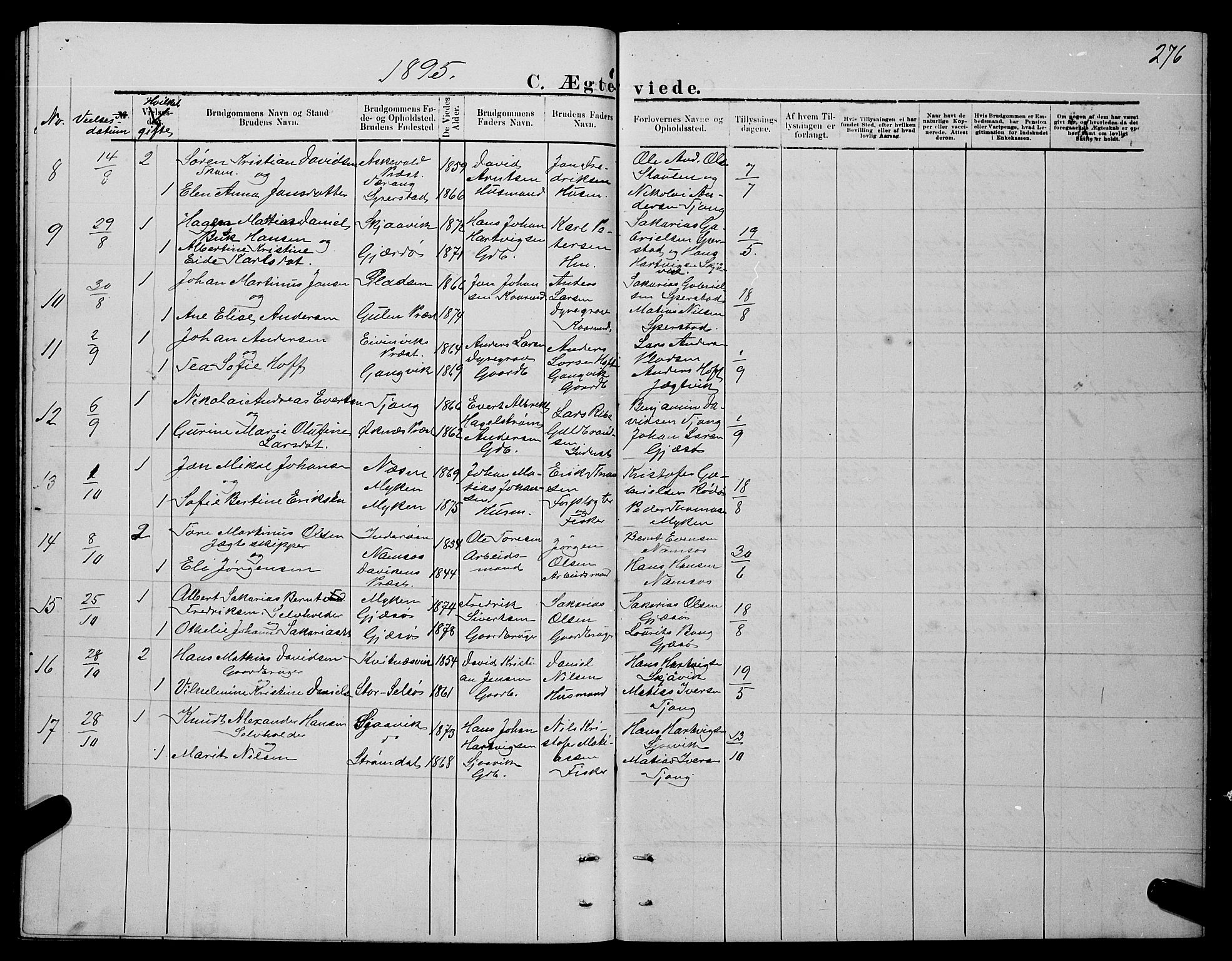 Ministerialprotokoller, klokkerbøker og fødselsregistre - Nordland, SAT/A-1459/841/L0620: Parish register (copy) no. 841C04, 1877-1896, p. 276
