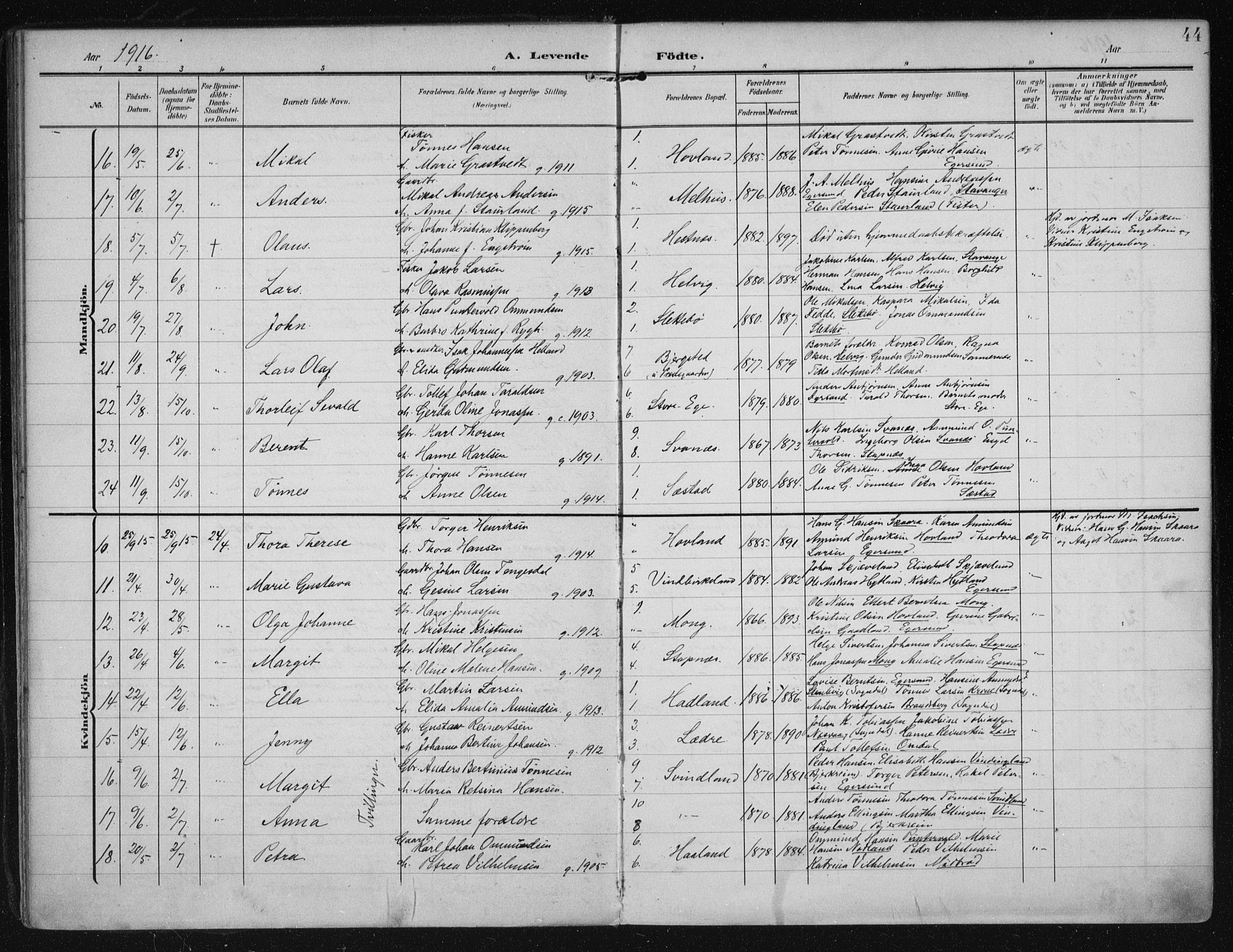 Eigersund sokneprestkontor, AV/SAST-A-101807/S08/L0021: Parish register (official) no. A 20, 1906-1928, p. 44