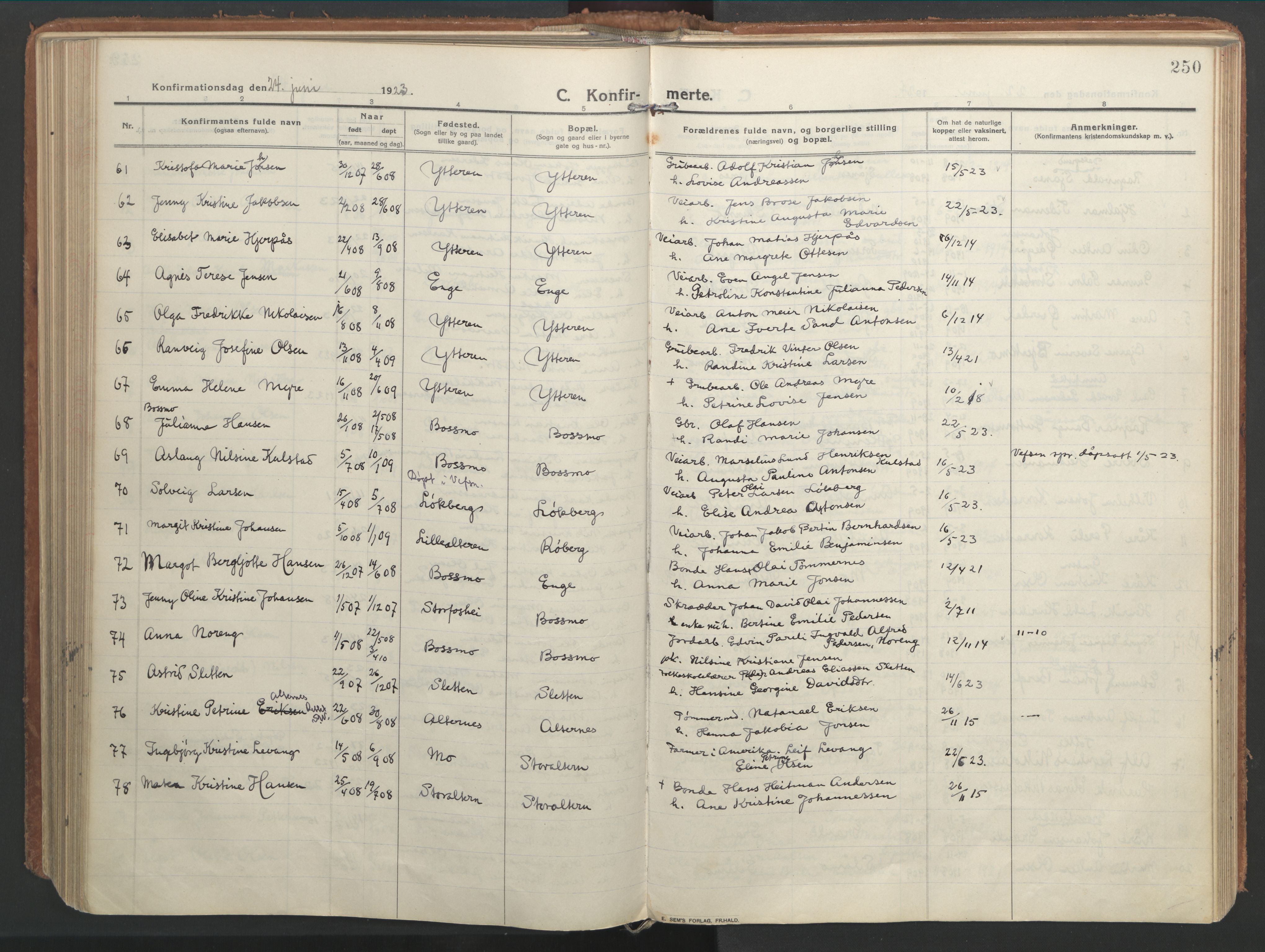 Ministerialprotokoller, klokkerbøker og fødselsregistre - Nordland, SAT/A-1459/827/L0404: Parish register (official) no. 827A16, 1912-1925, p. 250