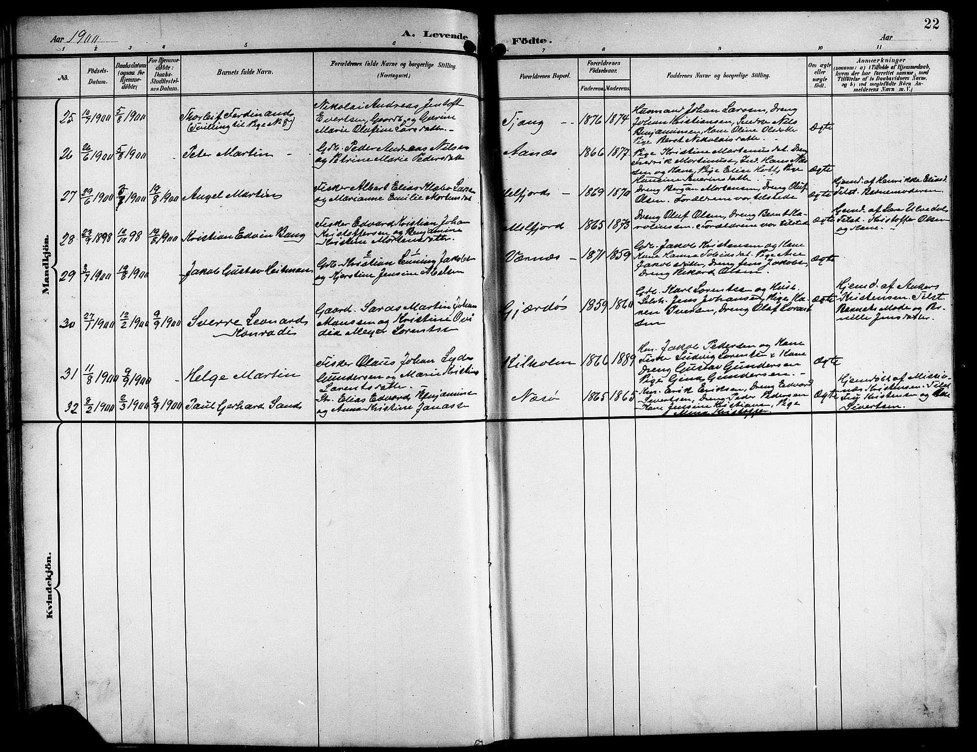 Ministerialprotokoller, klokkerbøker og fødselsregistre - Nordland, AV/SAT-A-1459/841/L0621: Parish register (copy) no. 841C05, 1897-1923, p. 22