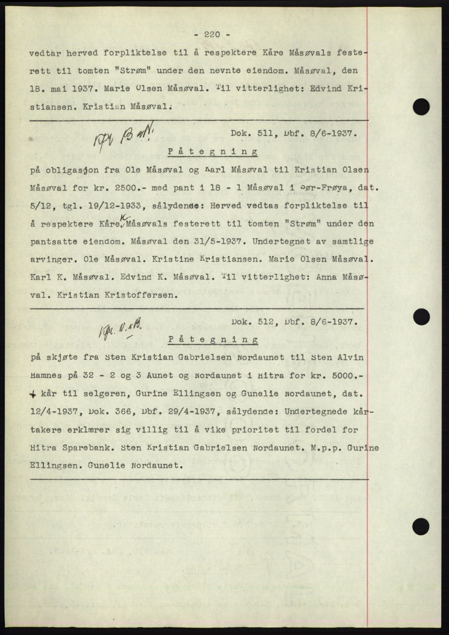 Hitra sorenskriveri, AV/SAT-A-0018/2/2C/2Ca: Mortgage book no. C1, 1936-1945, Diary no: : 511/1937