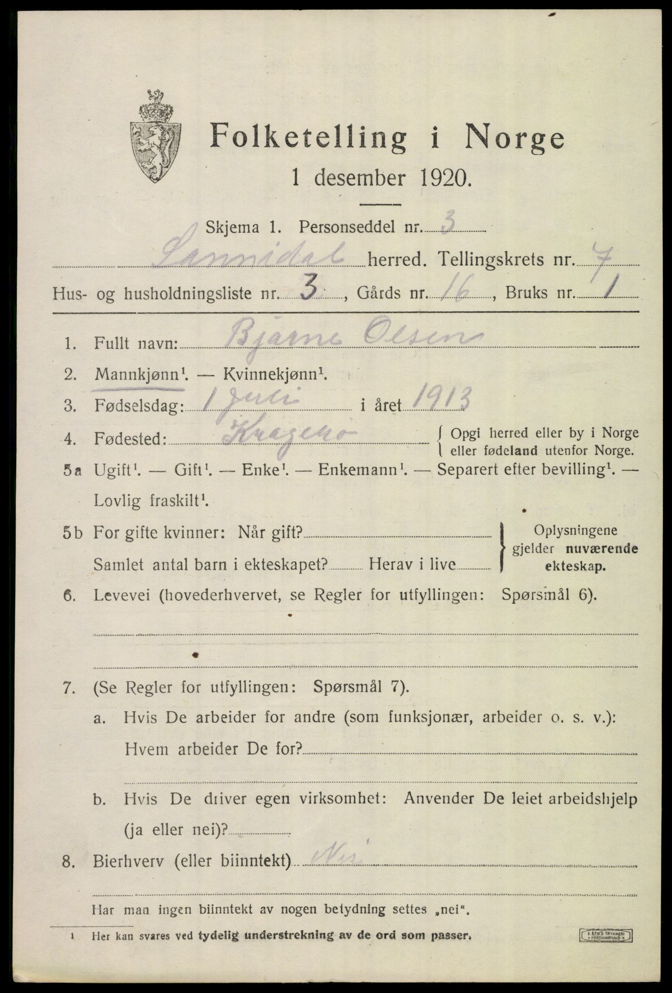 SAKO, 1920 census for Sannidal, 1920, p. 4941