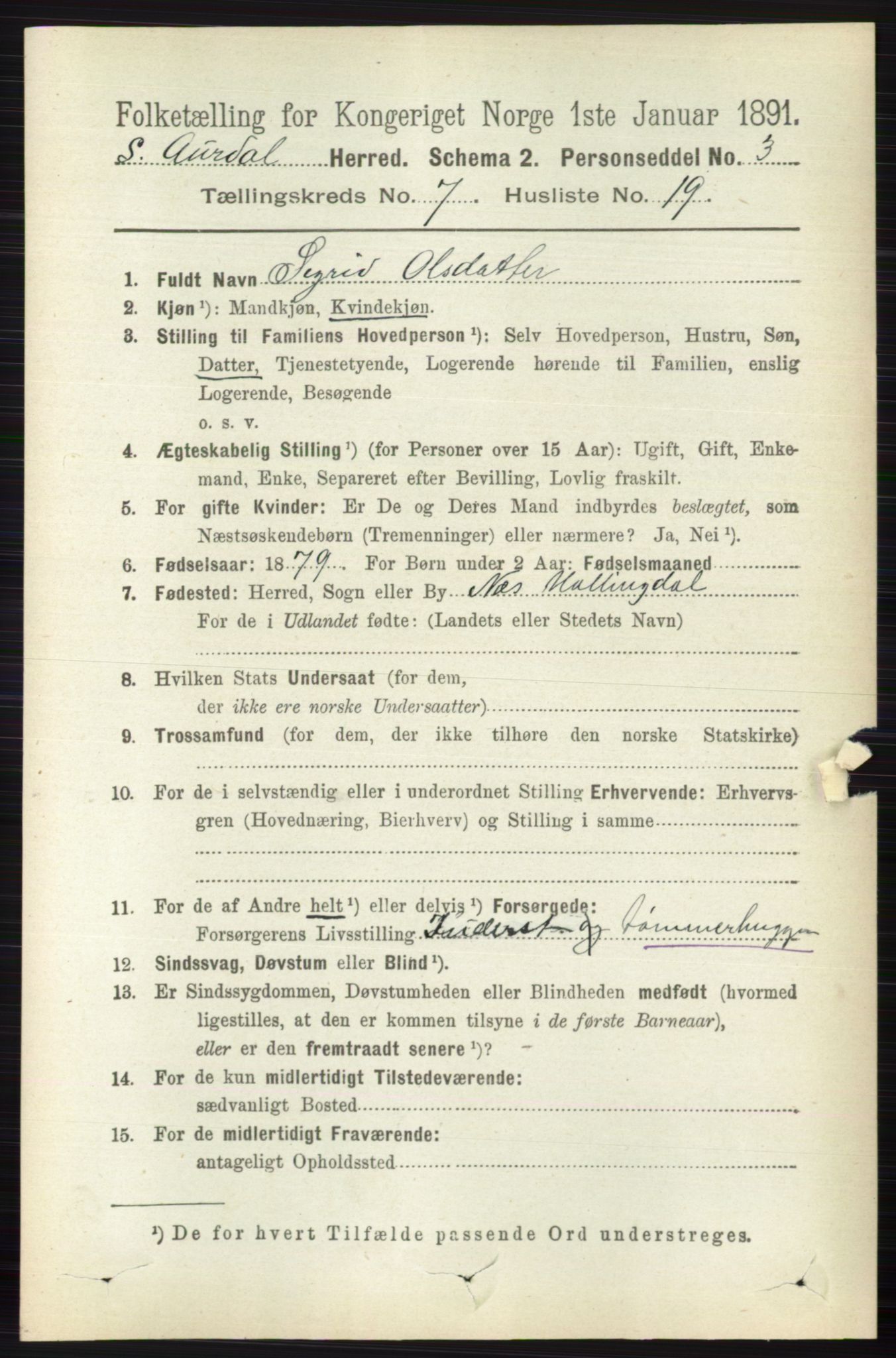 RA, 1891 census for 0540 Sør-Aurdal, 1891, p. 4520