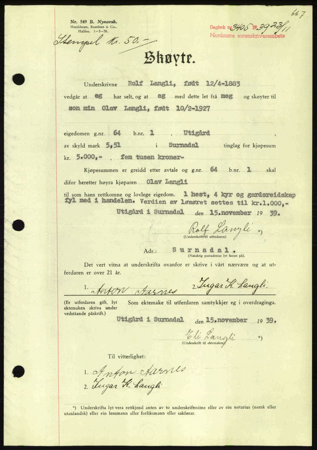 Nordmøre sorenskriveri, AV/SAT-A-4132/1/2/2Ca: Mortgage book no. A87, 1939-1940, Diary no: : 3405/1939