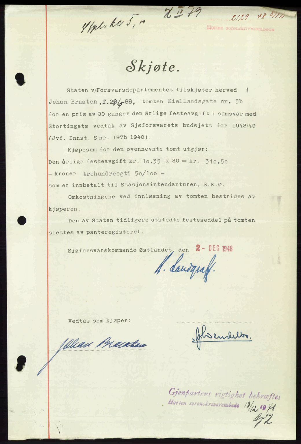 Horten sorenskriveri, AV/SAKO-A-133/G/Ga/Gaa/L0011: Mortgage book no. A-11, 1948-1948, Diary no: : 2129/1948