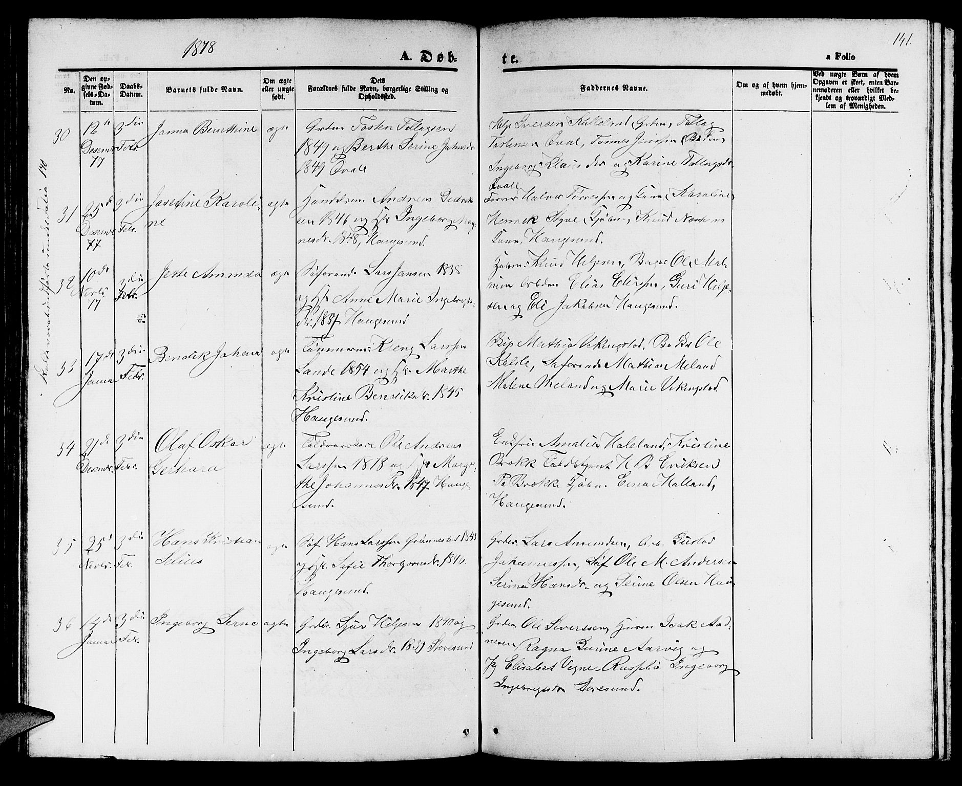 Haugesund sokneprestkontor, AV/SAST-A -101863/H/Ha/Hab/L0001: Parish register (copy) no. B 1, 1873-1881, p. 141