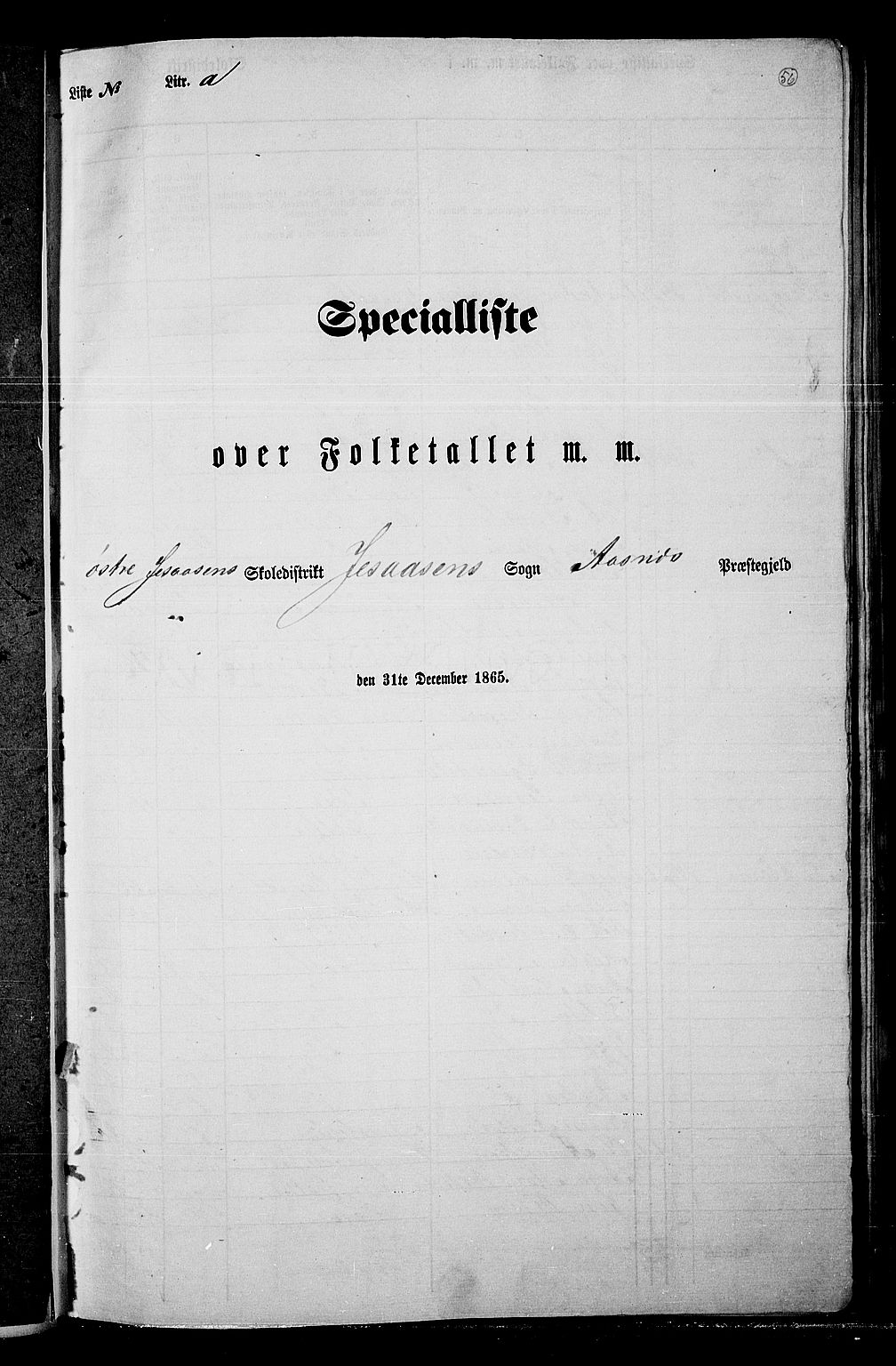 RA, 1865 census for Åsnes, 1865, p. 52