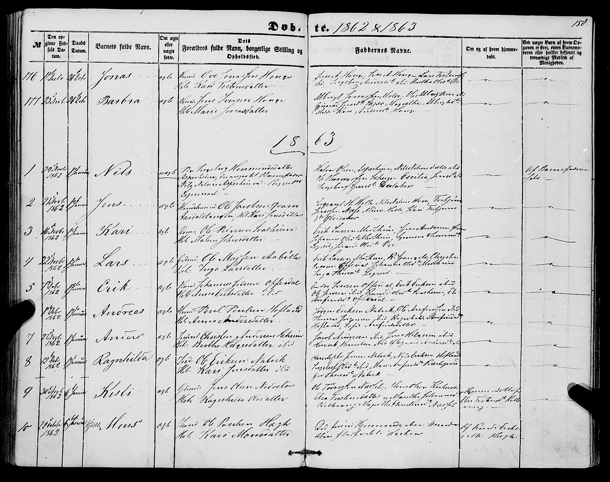 Lærdal sokneprestembete, SAB/A-81201: Parish register (official) no. A 11, 1850-1866, p. 158