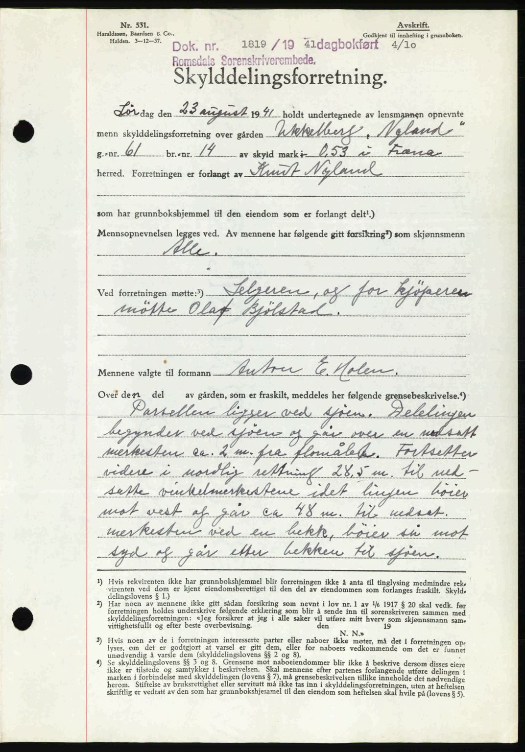 Romsdal sorenskriveri, AV/SAT-A-4149/1/2/2C: Mortgage book no. A11, 1941-1942, Diary no: : 1819/1941