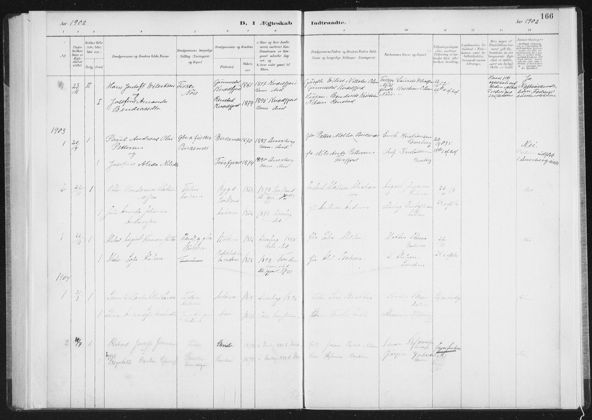 Ministerialprotokoller, klokkerbøker og fødselsregistre - Nordland, SAT/A-1459/898/L1422: Parish register (official) no. 898A02, 1887-1908, p. 166