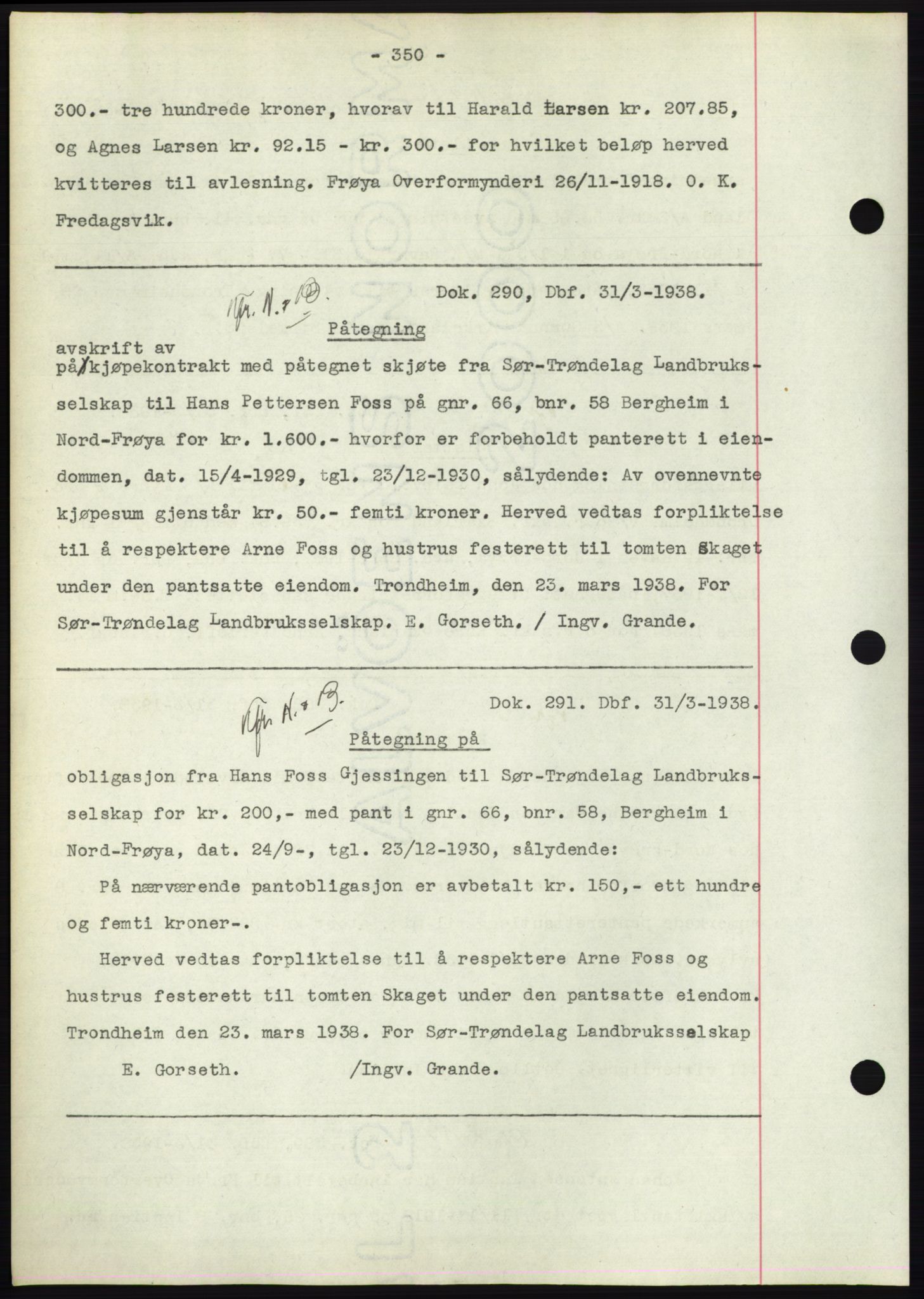 Hitra sorenskriveri, AV/SAT-A-0018/2/2C/2Ca: Mortgage book no. C1, 1936-1945, Diary no: : 290/1938