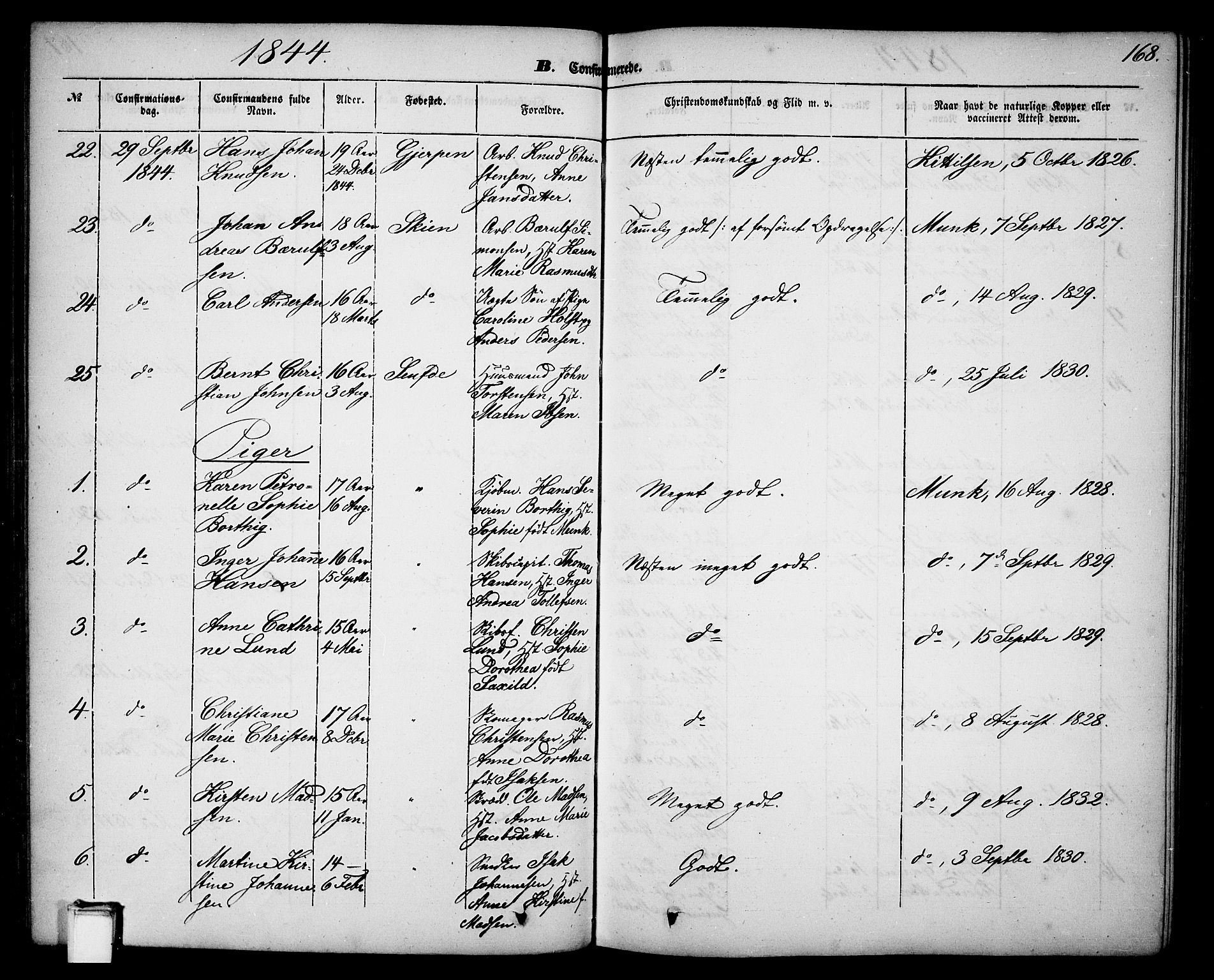 Skien kirkebøker, AV/SAKO-A-302/G/Ga/L0004: Parish register (copy) no. 4, 1843-1867, p. 168