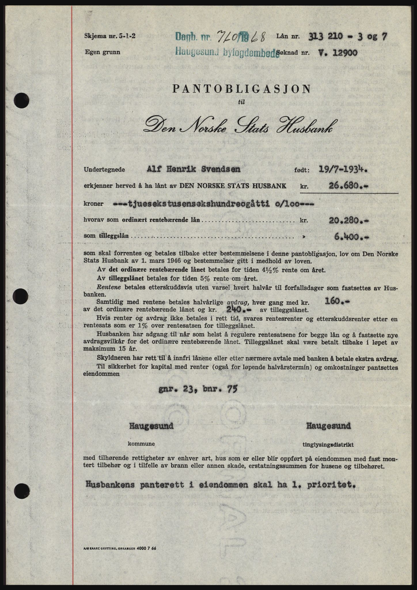 Haugesund tingrett, SAST/A-101415/01/II/IIC/L0058: Mortgage book no. B 58, 1967-1968, Diary no: : 760/1968