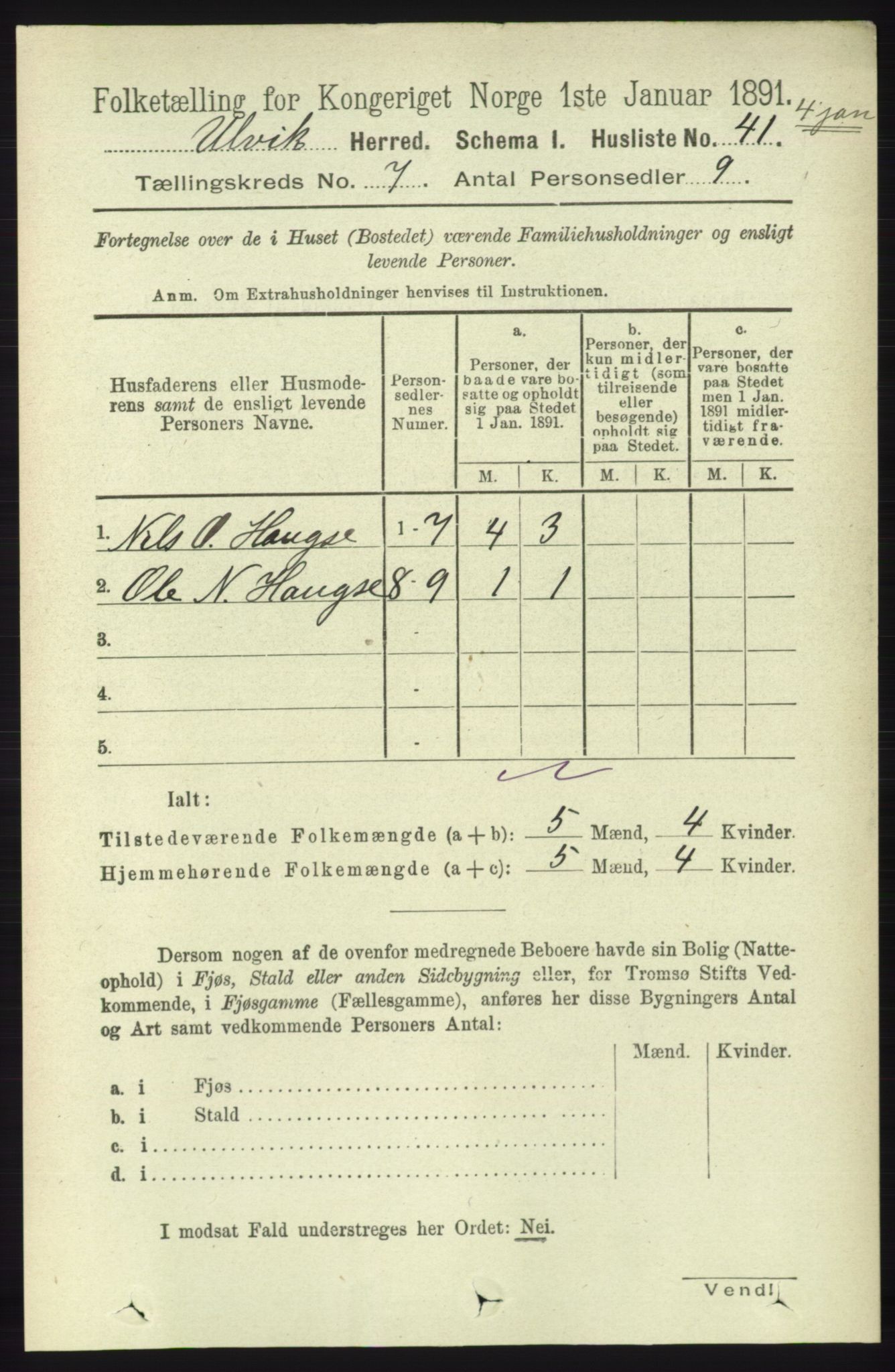 RA, 1891 census for 1233 Ulvik, 1891, p. 2265