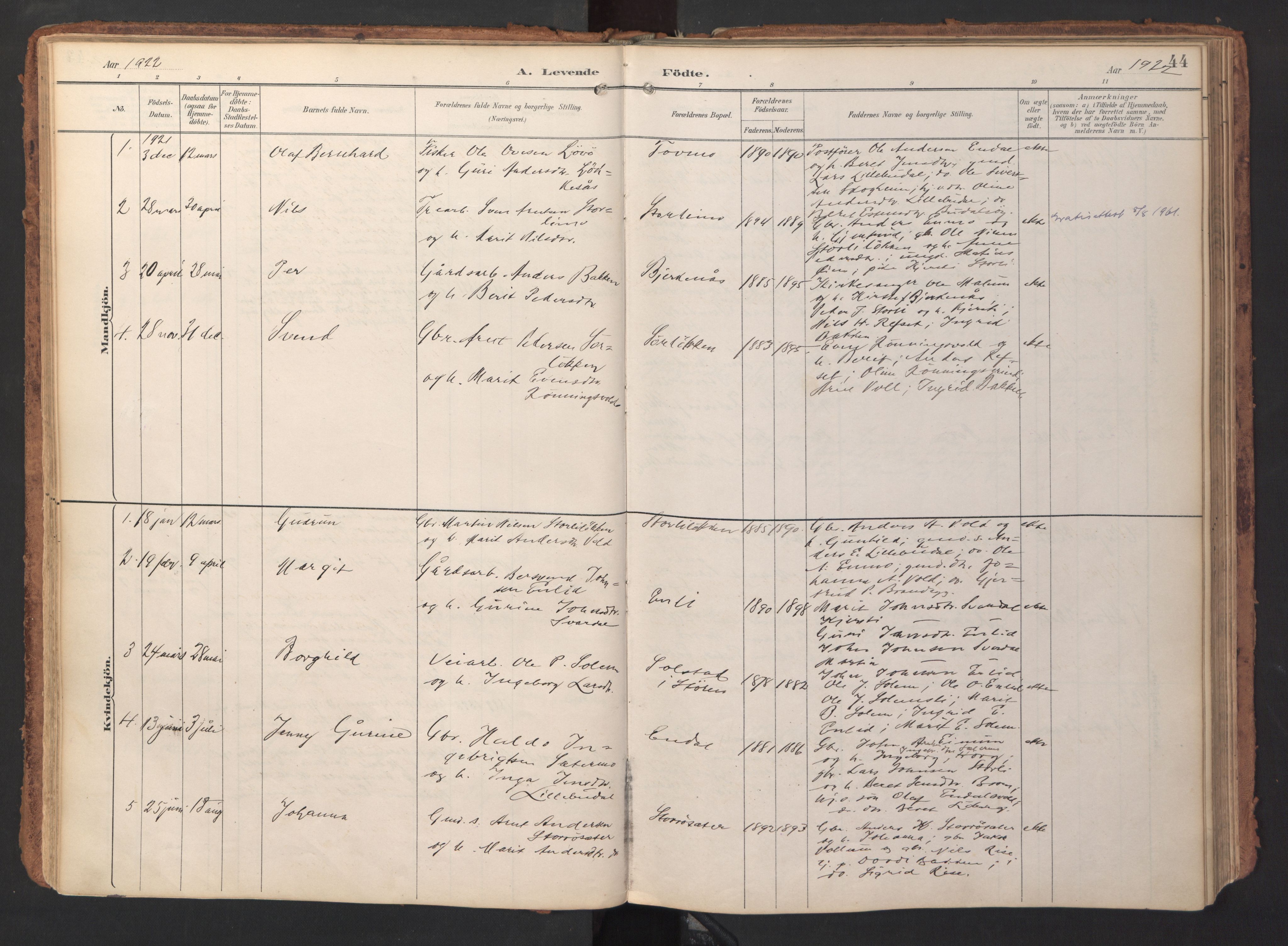 Ministerialprotokoller, klokkerbøker og fødselsregistre - Sør-Trøndelag, SAT/A-1456/690/L1050: Parish register (official) no. 690A01, 1889-1929, p. 44