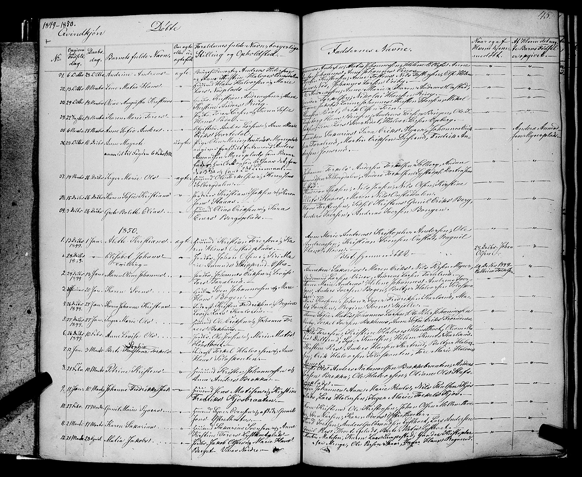 Skiptvet prestekontor Kirkebøker, SAO/A-20009/F/Fa/L0006: Parish register (official) no. 6, 1839-1860, p. 45