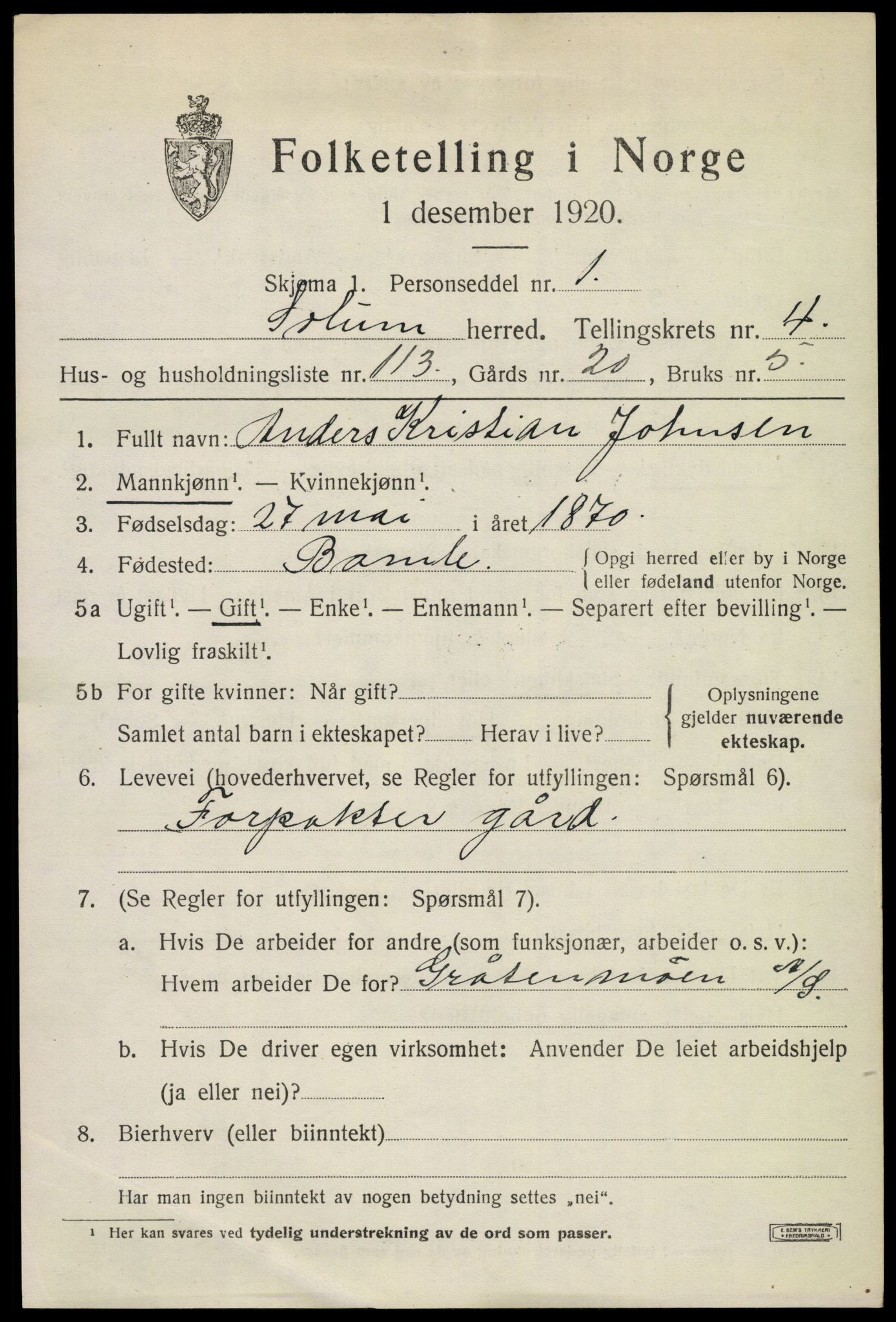 SAKO, 1920 census for Solum, 1920, p. 10690