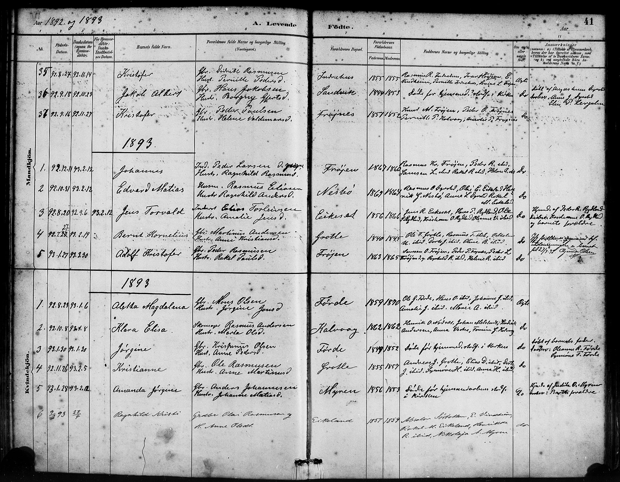 Bremanger sokneprestembete, SAB/A-82201/H/Haa/Haab/L0001: Parish register (official) no. B 1, 1884-1895, p. 41
