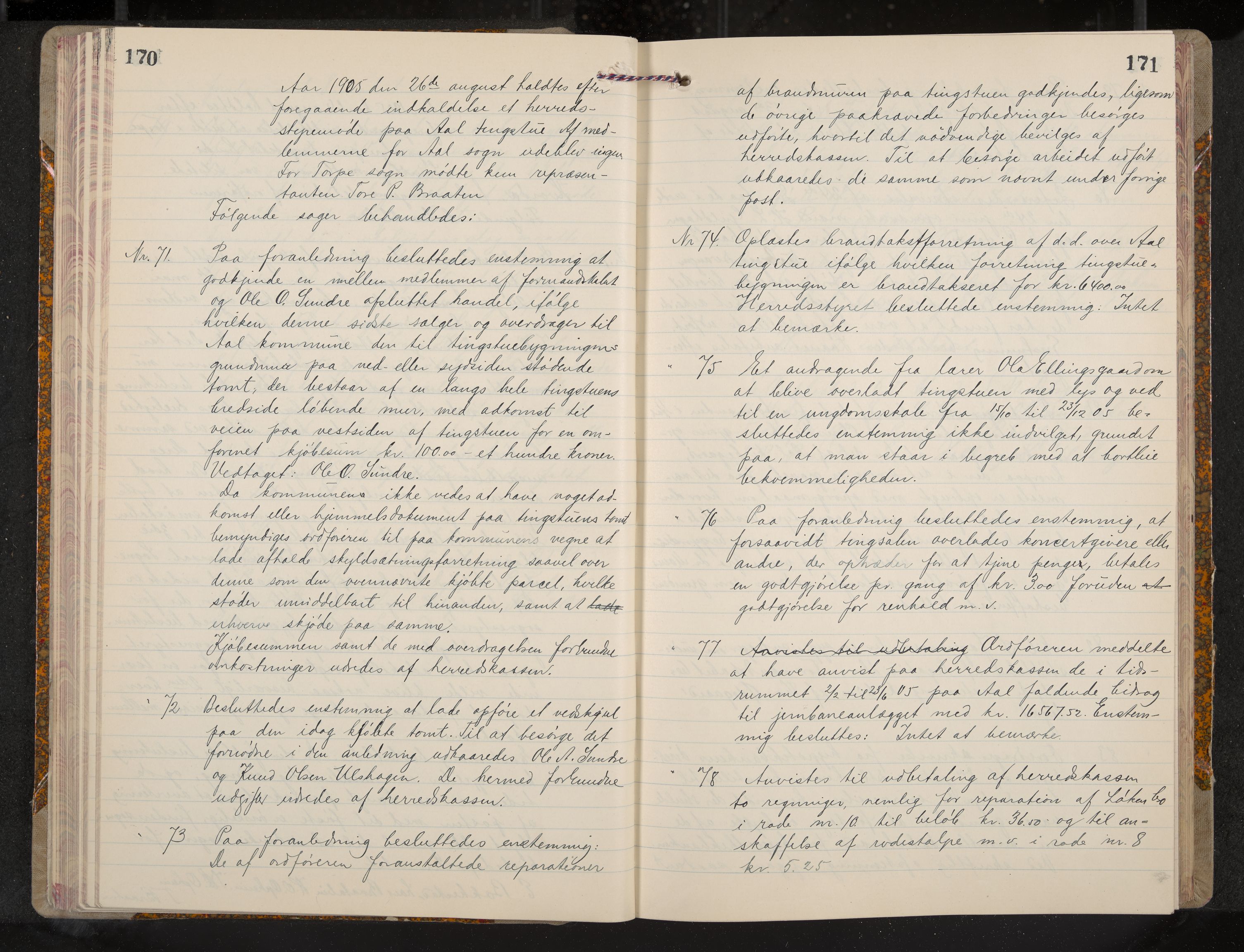 Ål formannskap og sentraladministrasjon, IKAK/0619021/A/Aa/L0005: Utskrift av møtebok, 1902-1910, p. 170-171