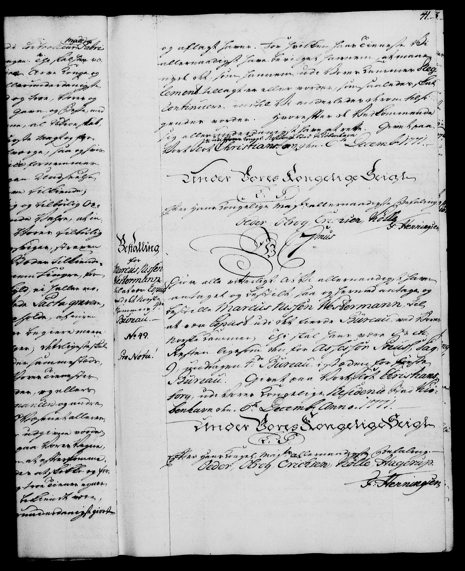 Rentekammeret, Kammerkanselliet, RA/EA-3111/G/Gg/Gge/L0005: Norsk bestallingsprotokoll med register (merket RK 53.29), 1771-1773, p. 41