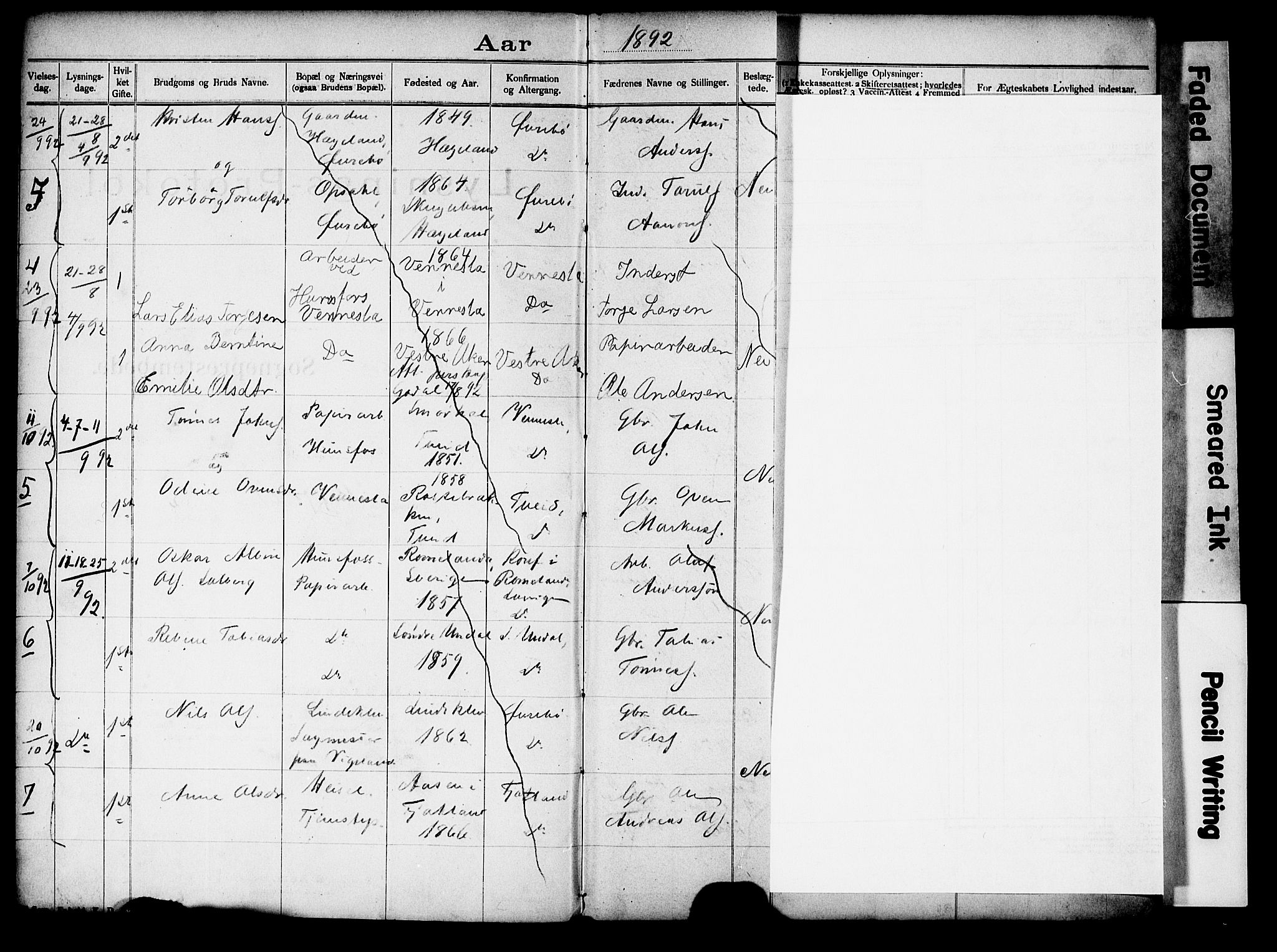 Vennesla sokneprestkontor, SAK/1111-0045/J/L0032/0004: Banns register no. II 5 2, 1892-1917, p. 1
