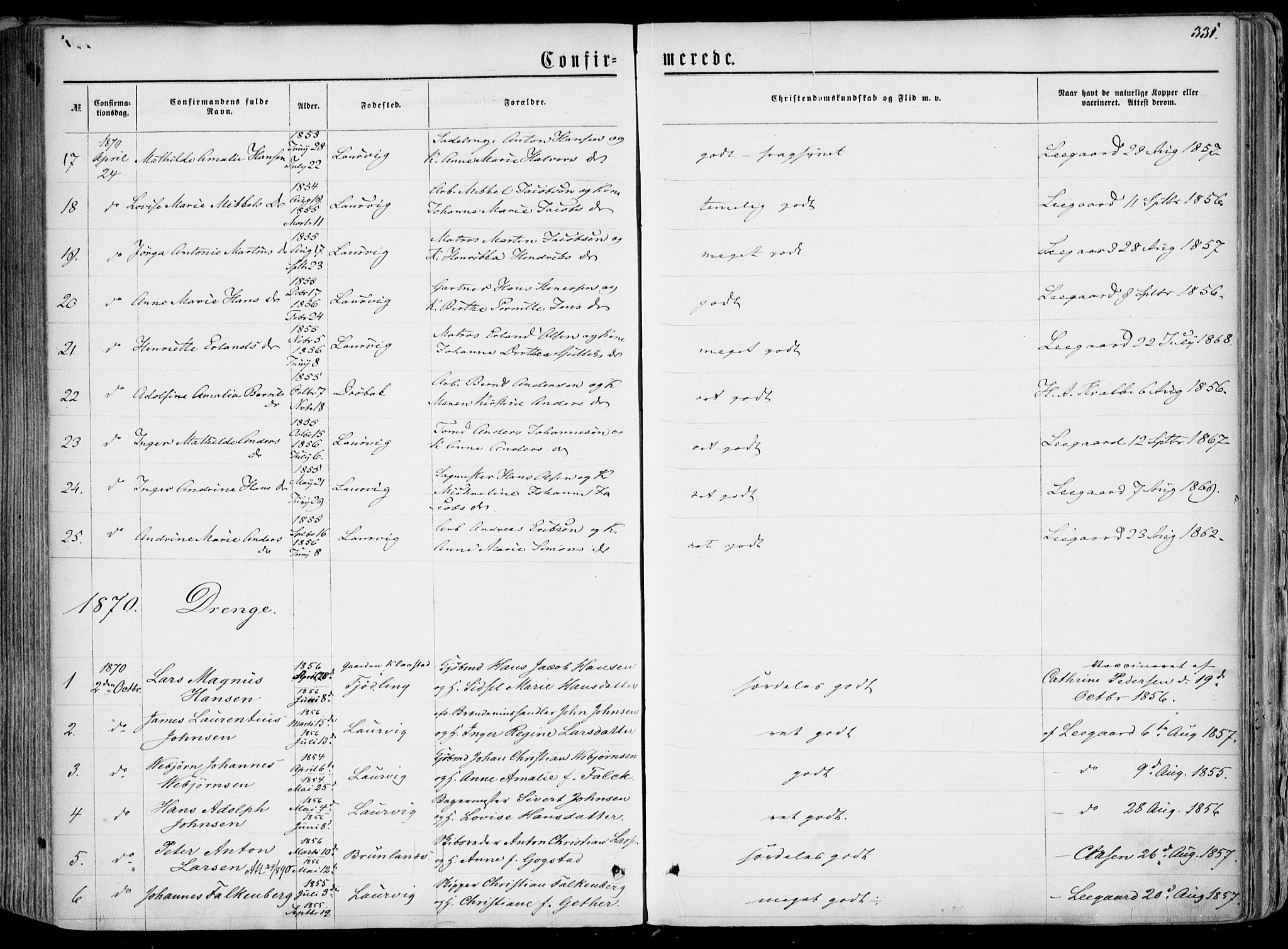 Larvik kirkebøker, AV/SAKO-A-352/F/Fa/L0004: Parish register (official) no. I 4, 1856-1870, p. 331